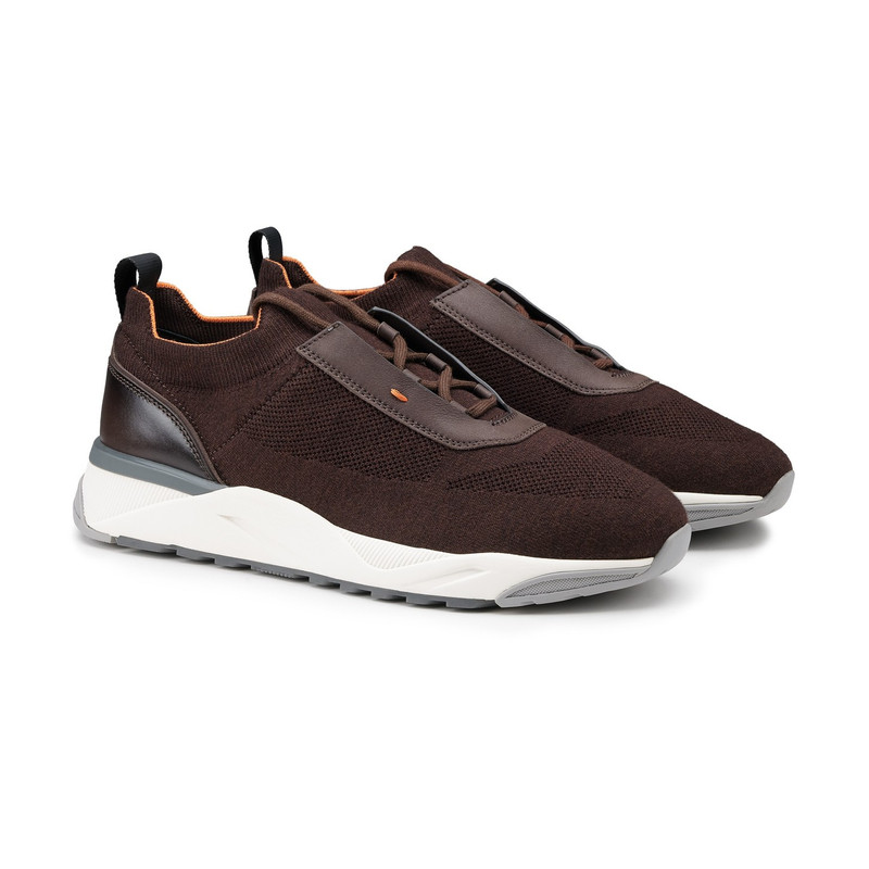 Santoni Men's dark brown fabric and leather sneaker outlook