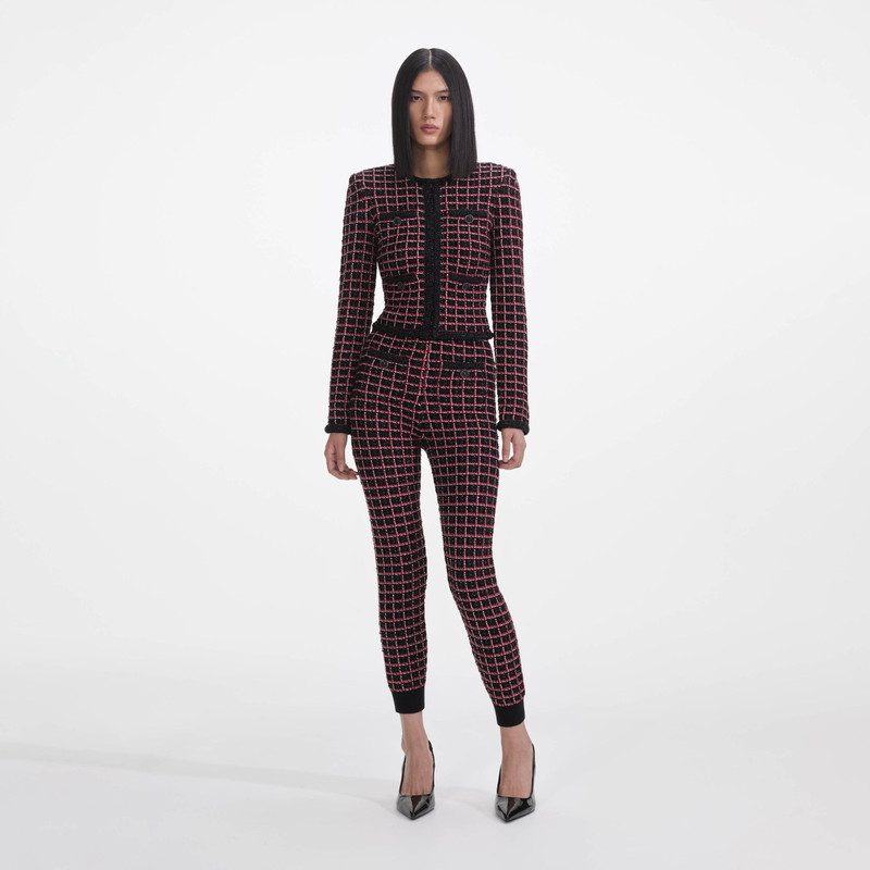 Black And Red Check Knit Leggings - 1