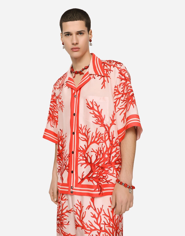 Silk habotai Hawaiian shirt with coral print - 2