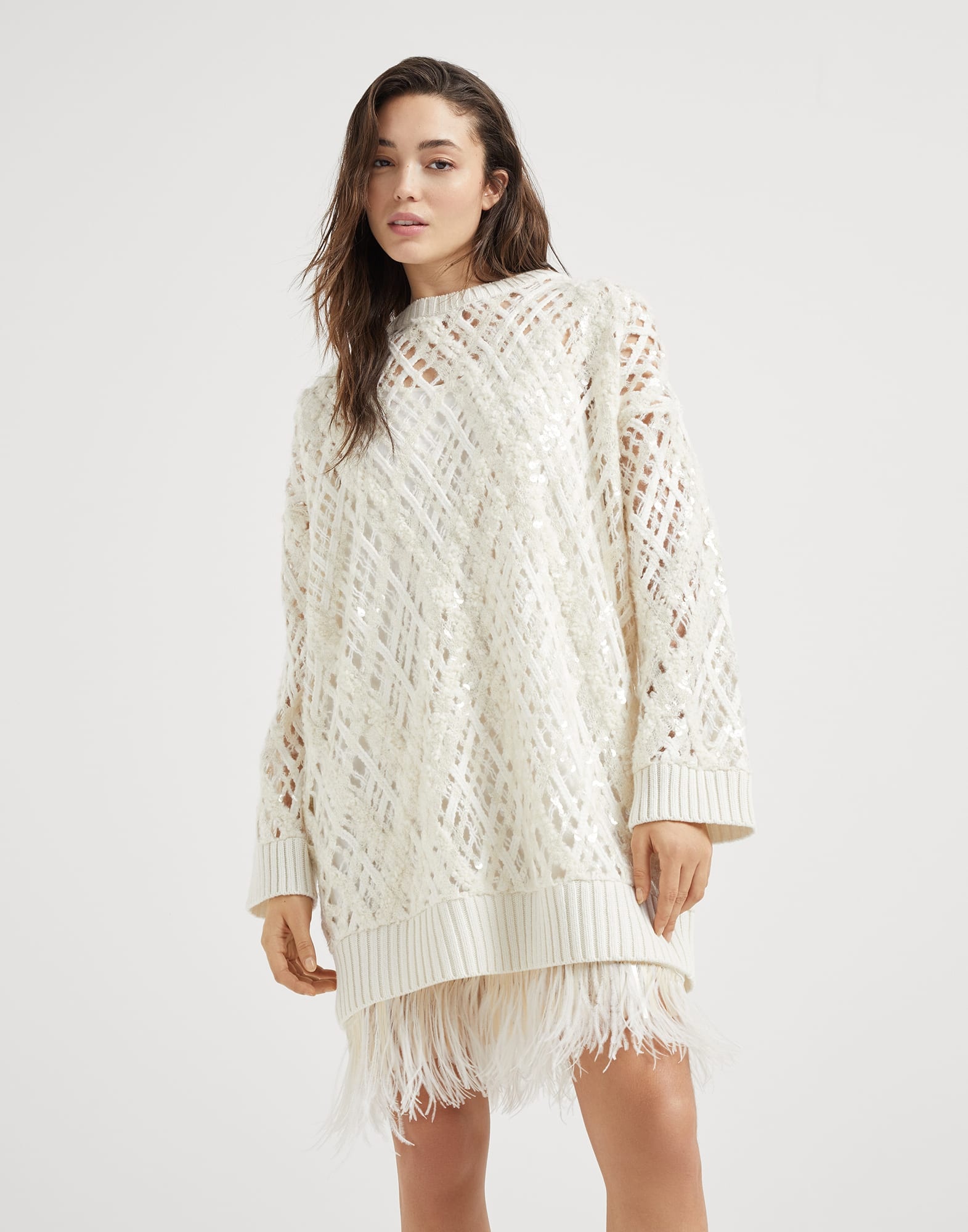 Dazzling Mesh Embroidery dress in cashmere, mohair and alpaca with detachable feather insert - 1