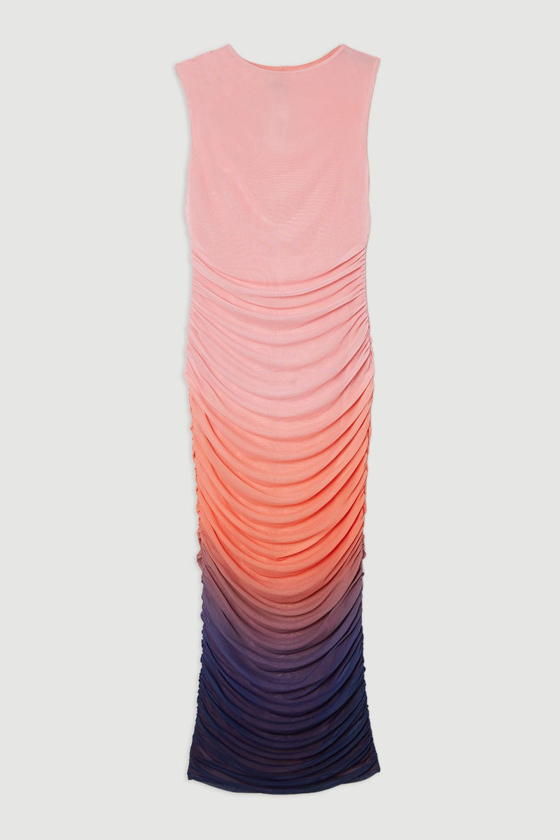 Sunset Ombre Mesh Ruched Jersey Maxi Dress 4