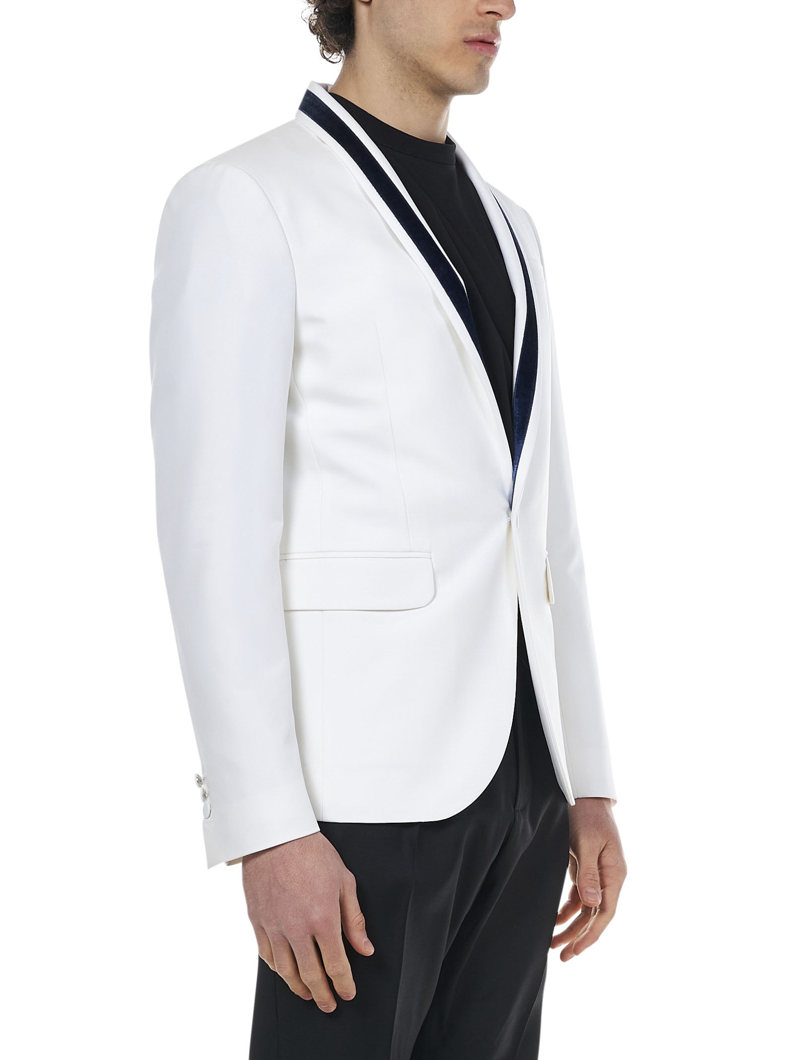 Tokyo suit with black tailored trousers and single-breasted blazer in white crêpe with blue velvet i - 4