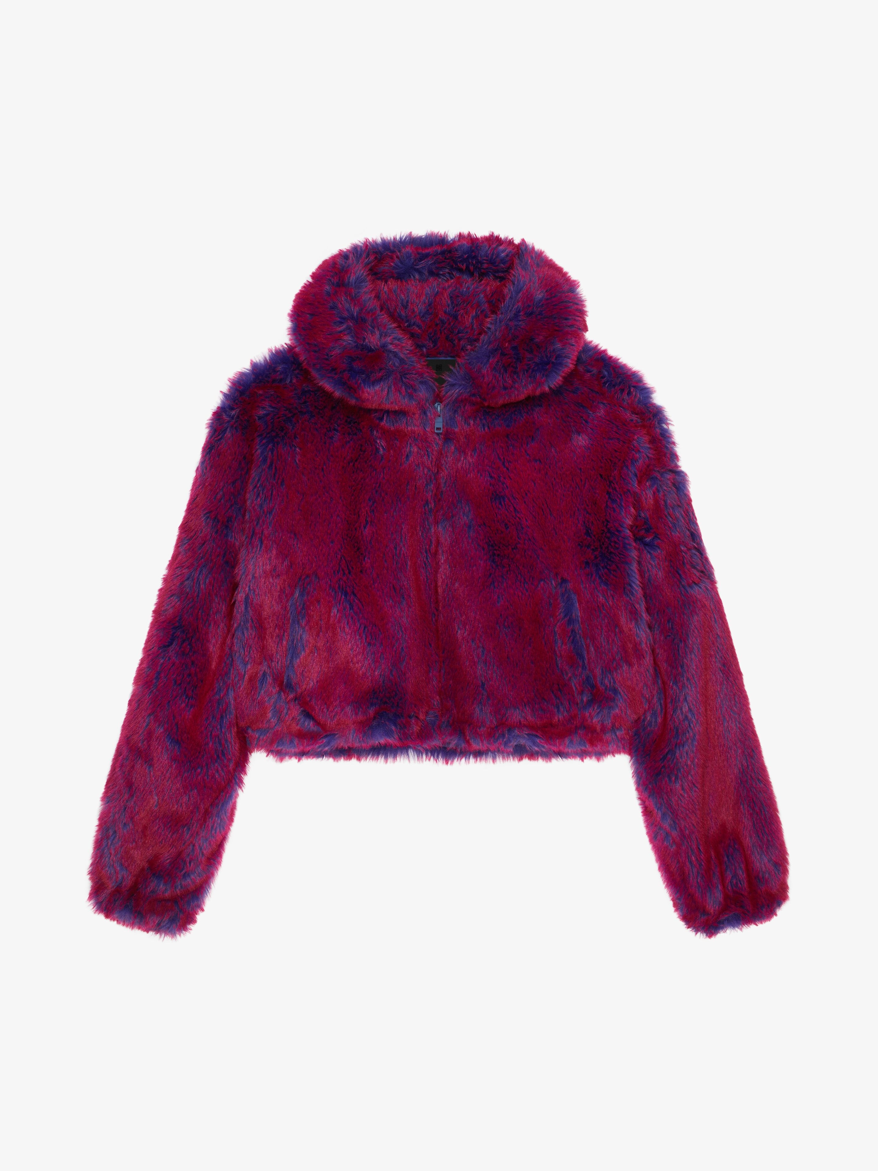 CROPPED HOODED BOMBER JACKET IN FAUX FUR WITH POCKET - 1