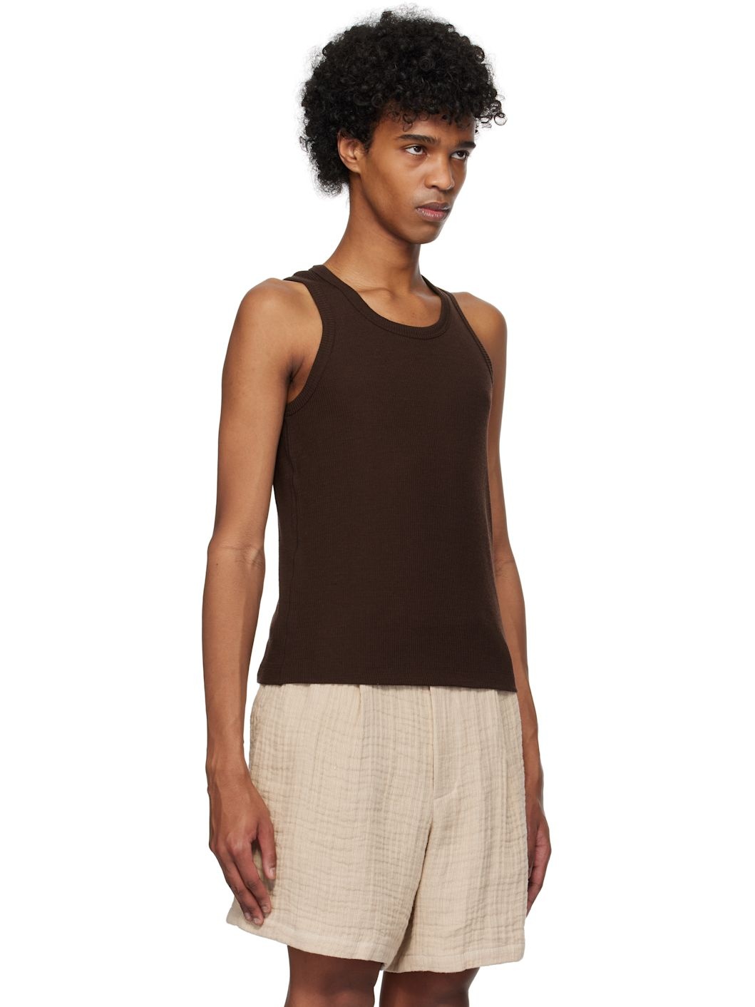 Brown Super Fine Wool Ribbed Tank Top - 2
