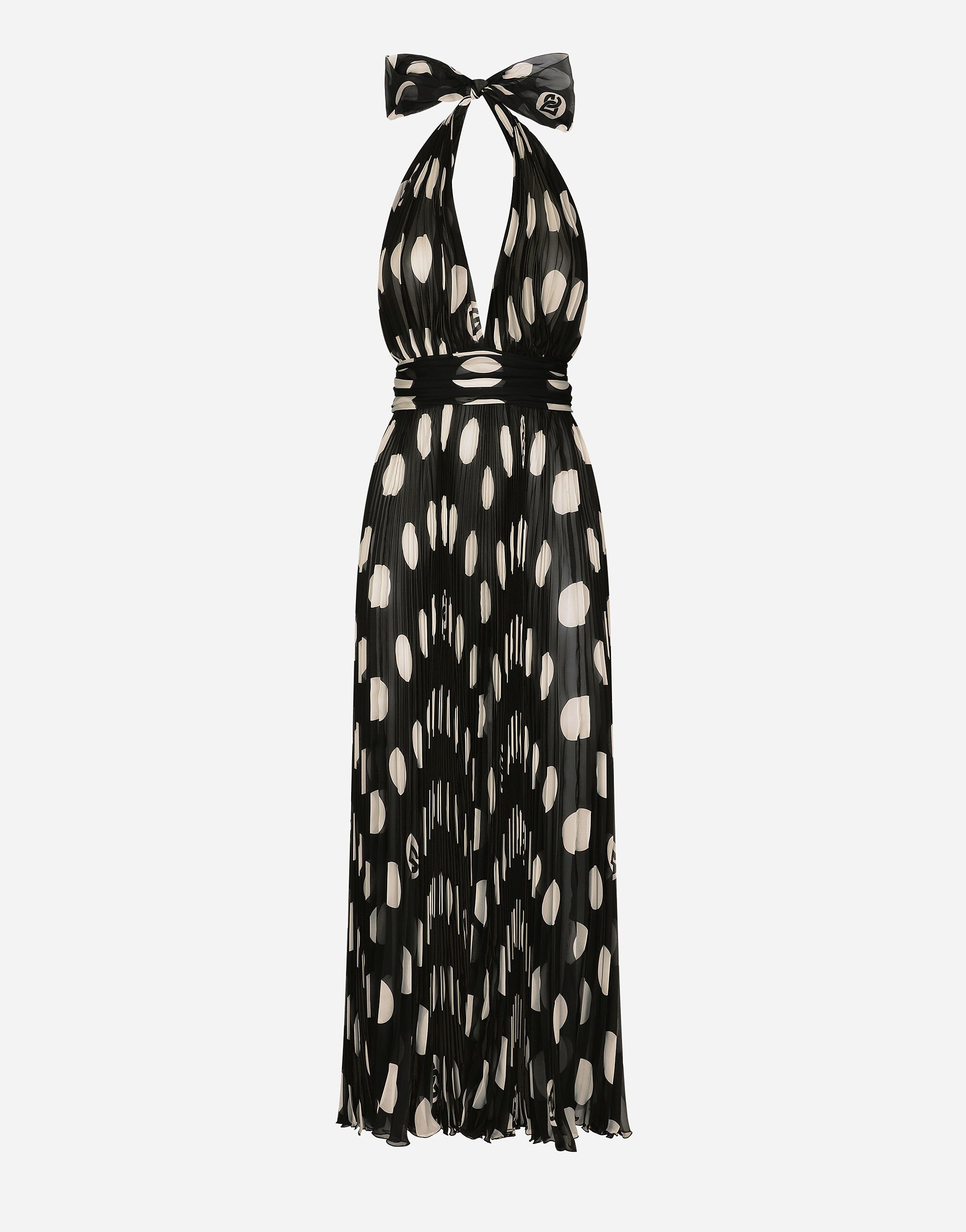 Pleated chiffon calf-length dress with polka-dot print - 1