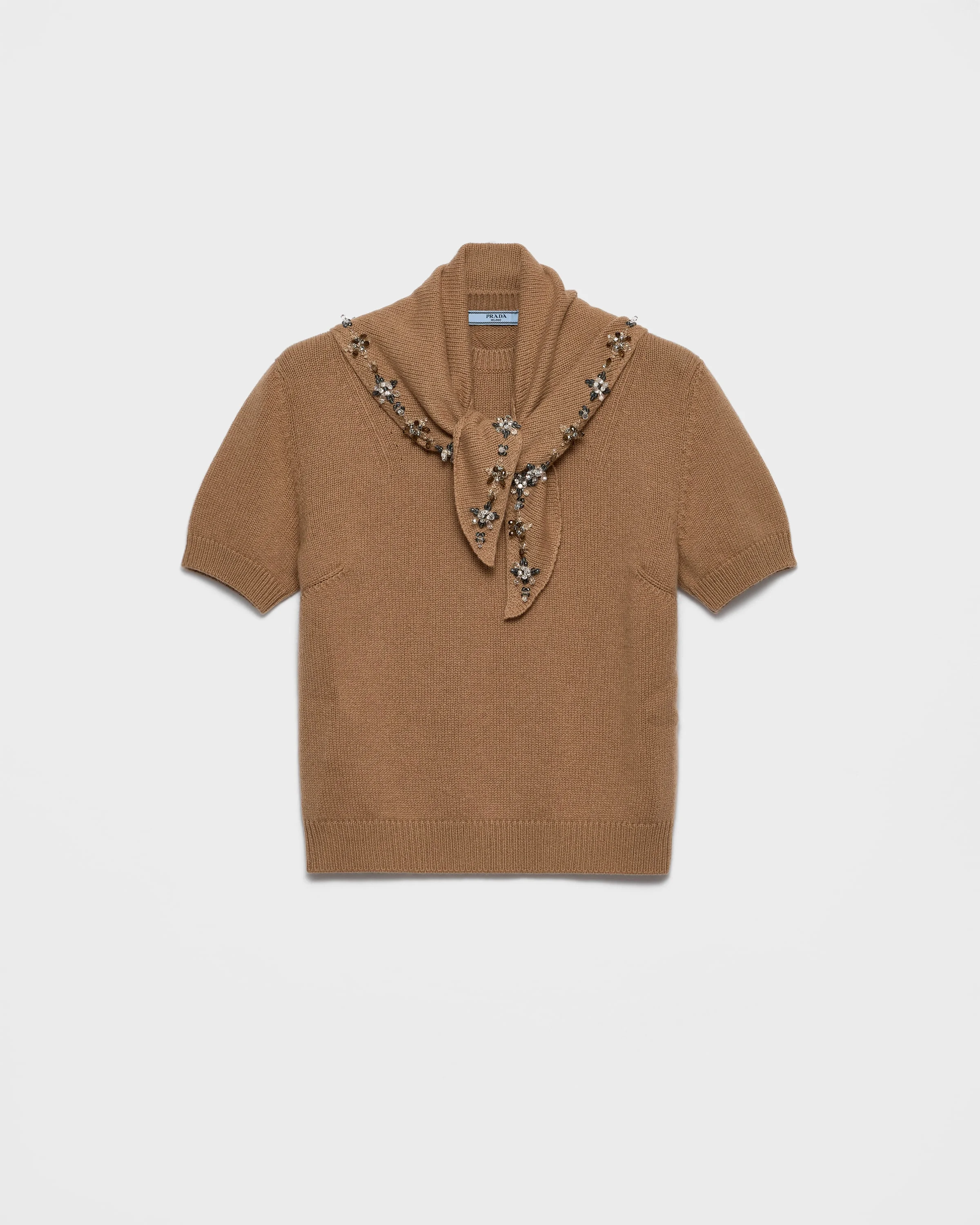 Short-sleeved cashmere sweater with scarf - 1