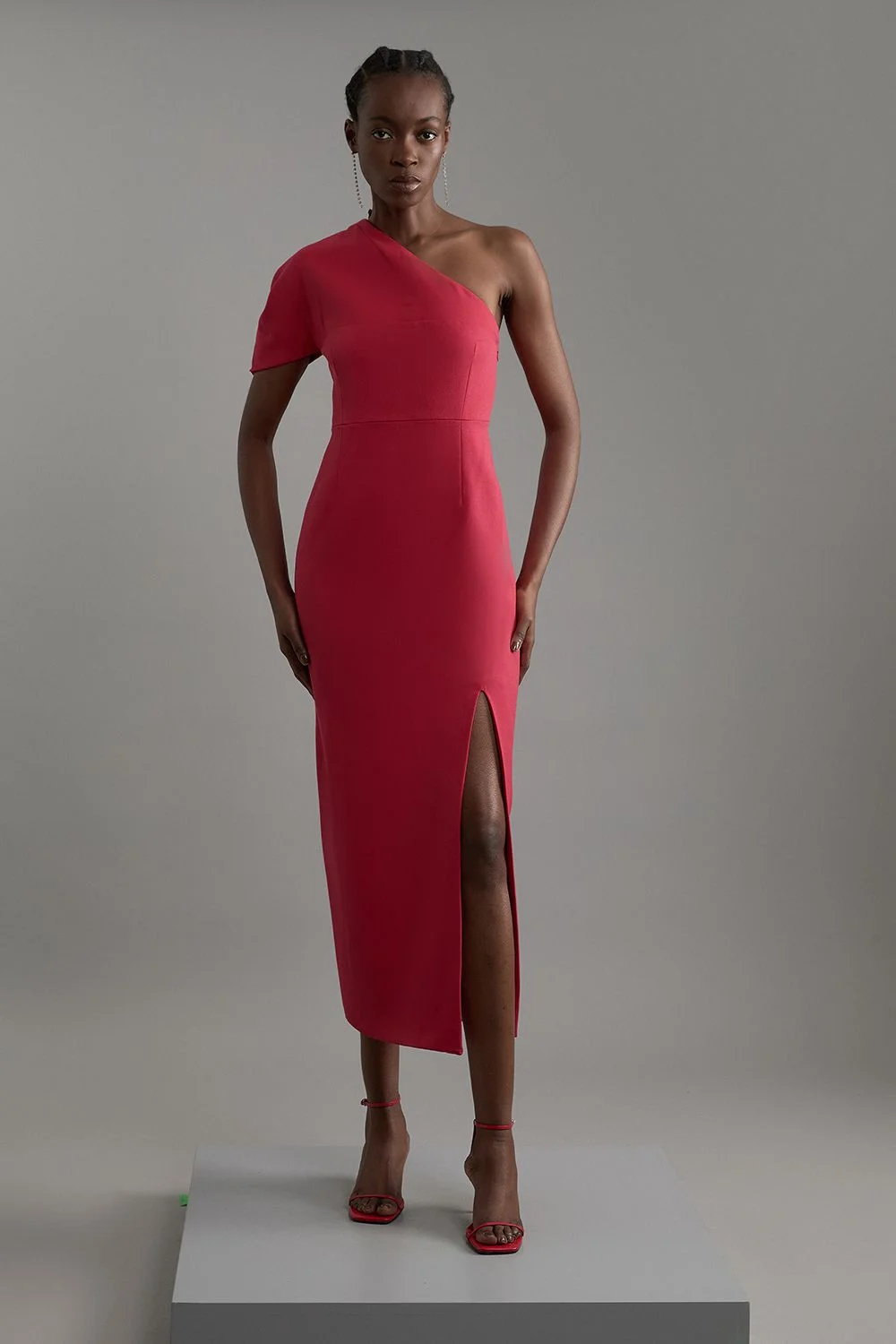 Structured Crepe Asymmetric Cape Detail Tailored Midi Dress - 1