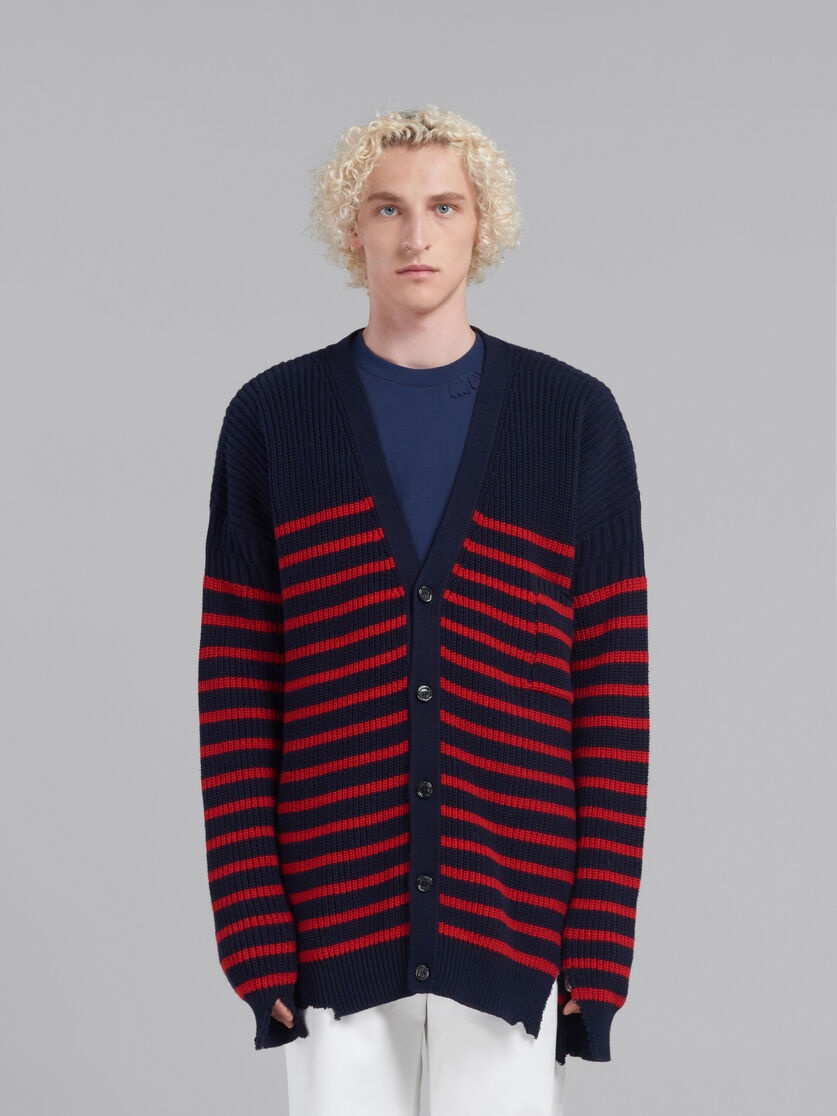 BLUE WOOL AND COTTON STRIPED FISHERMAN CARDIGAN - 2