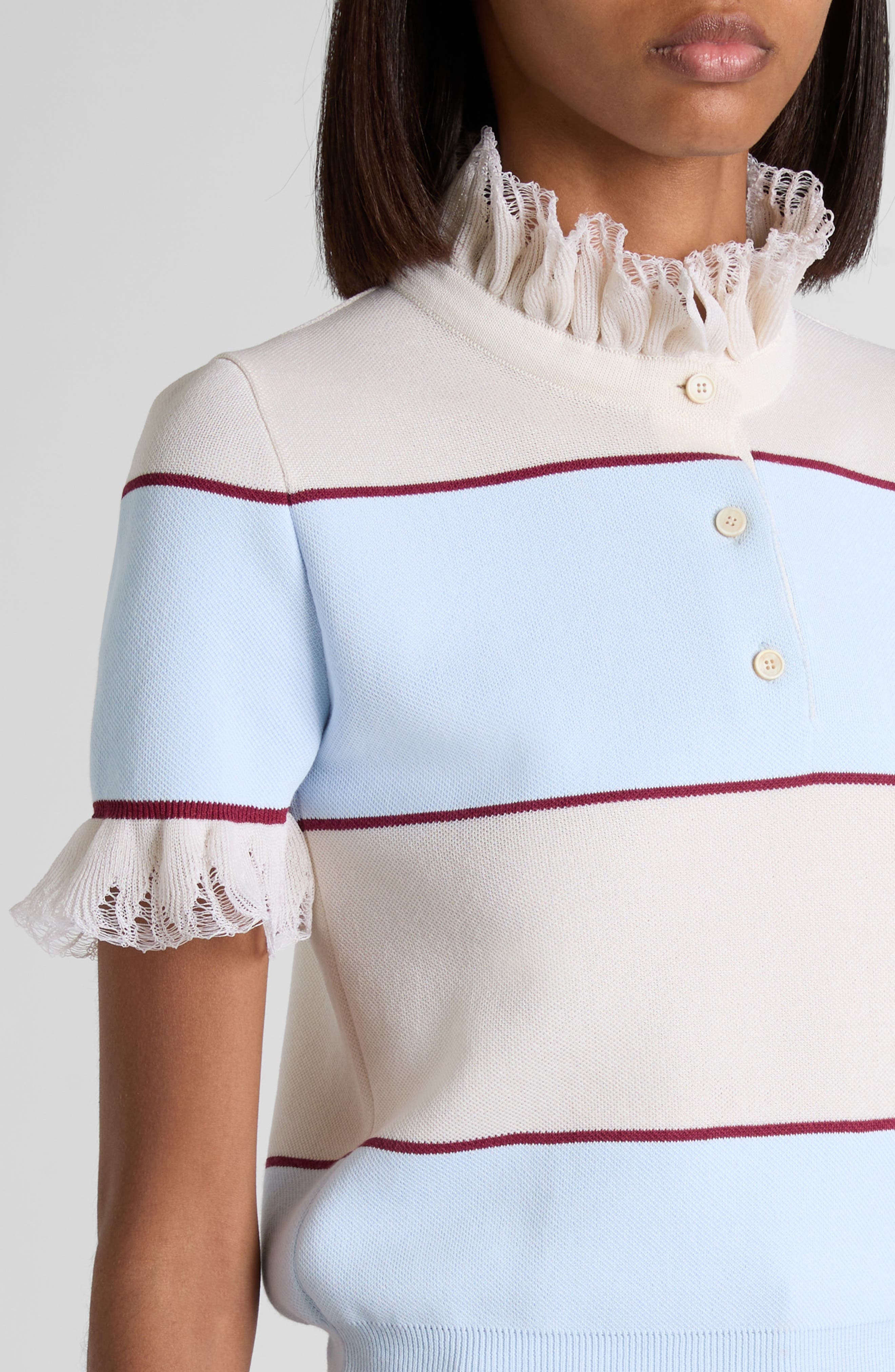 McQueen Lace Ruffle Stripe Polo in Shir Blue/Ivory/Bord at Nordstrom - 5