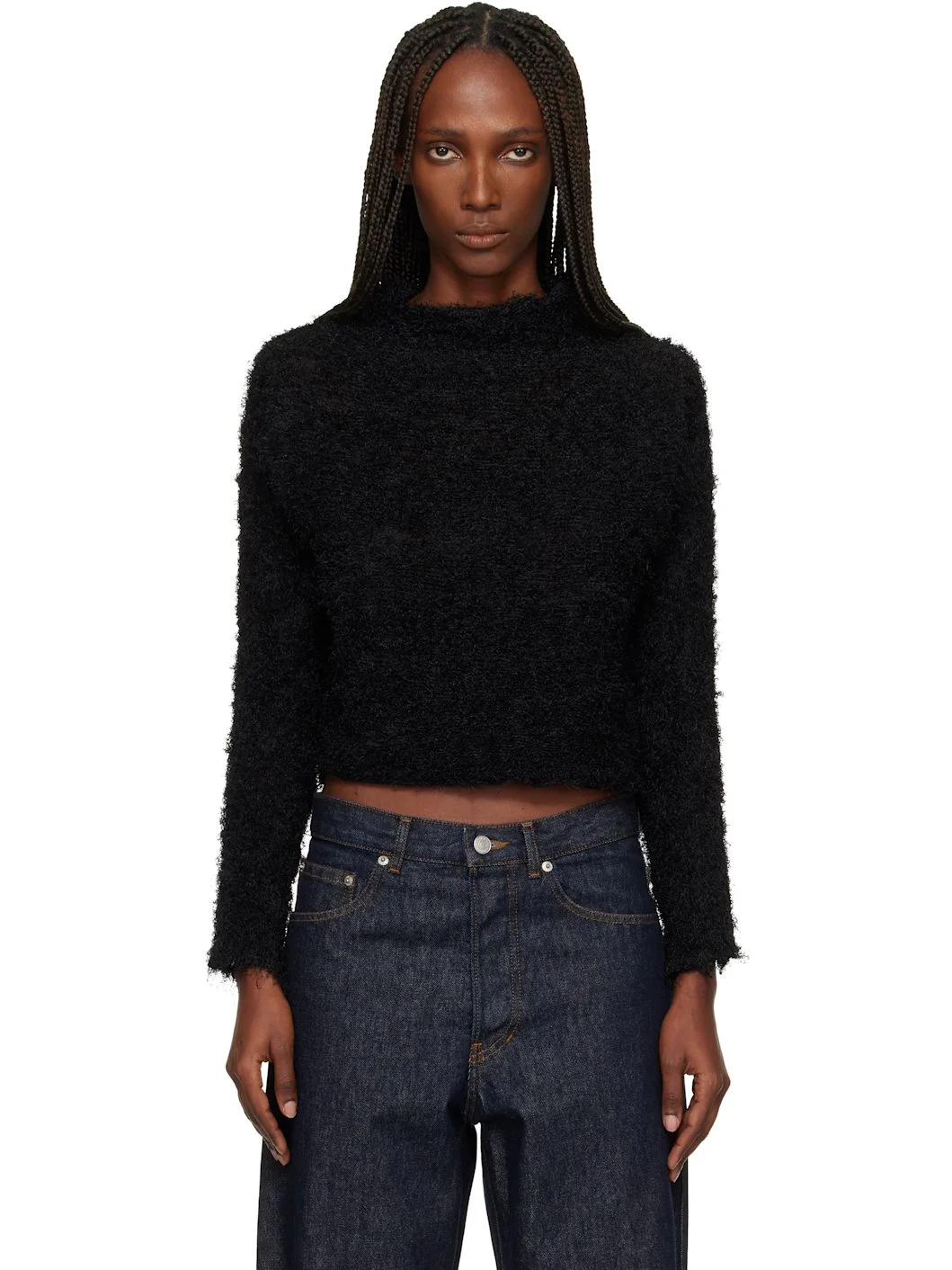 Black Shifted Fuzzy Pleats Sweater - 1