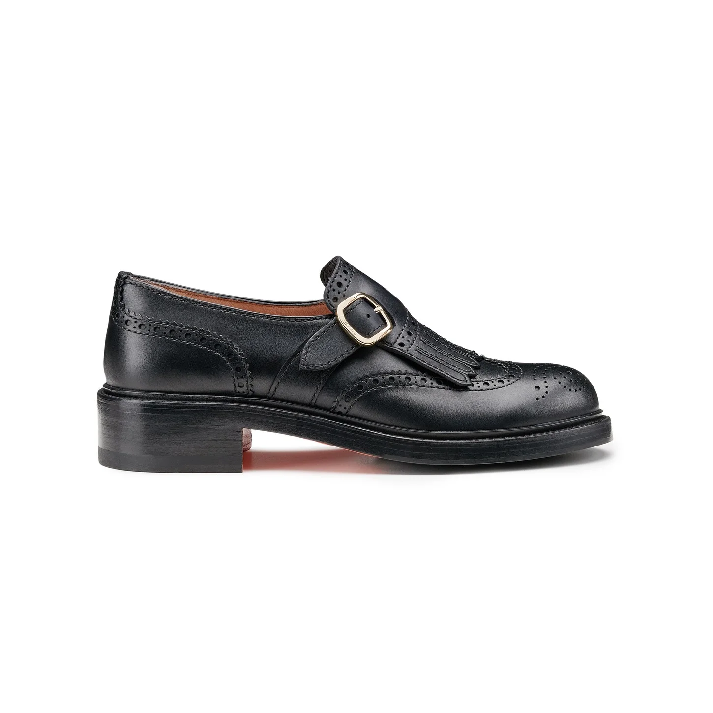 Women's black leather single monk strap shoe with frange - 1