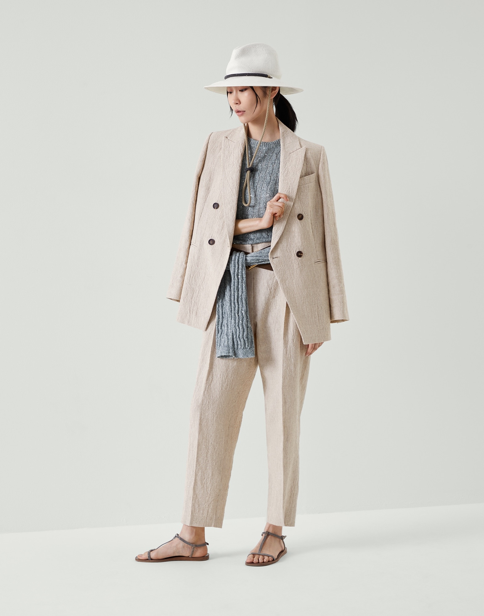 Wrinkled striped linen blazer with monili - 5