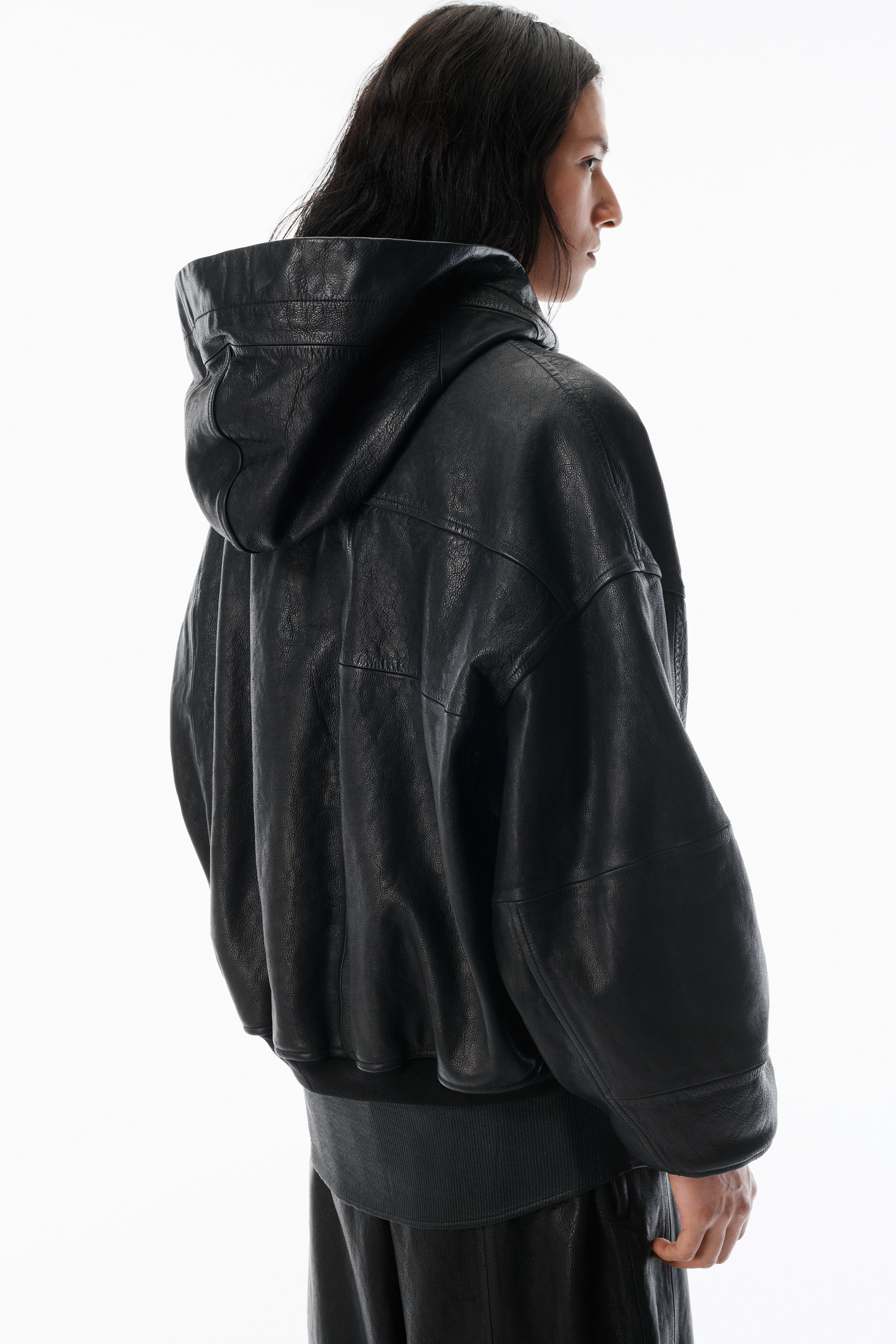 Black Worn Moto Leather Hoodie Jacket - 5