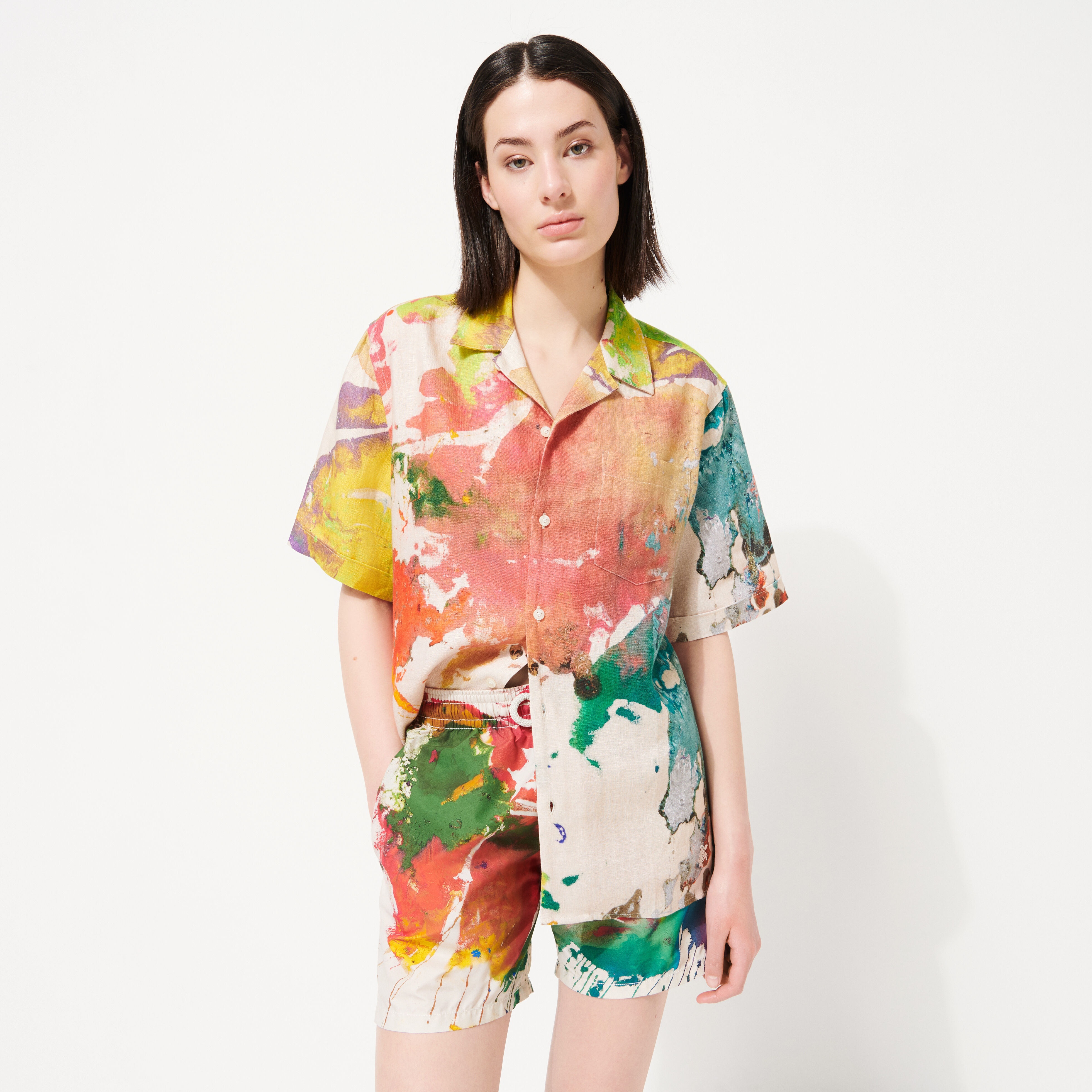 Men Bowling Shirt Linen Gra - Vilebrequin x John M Armleder - 10