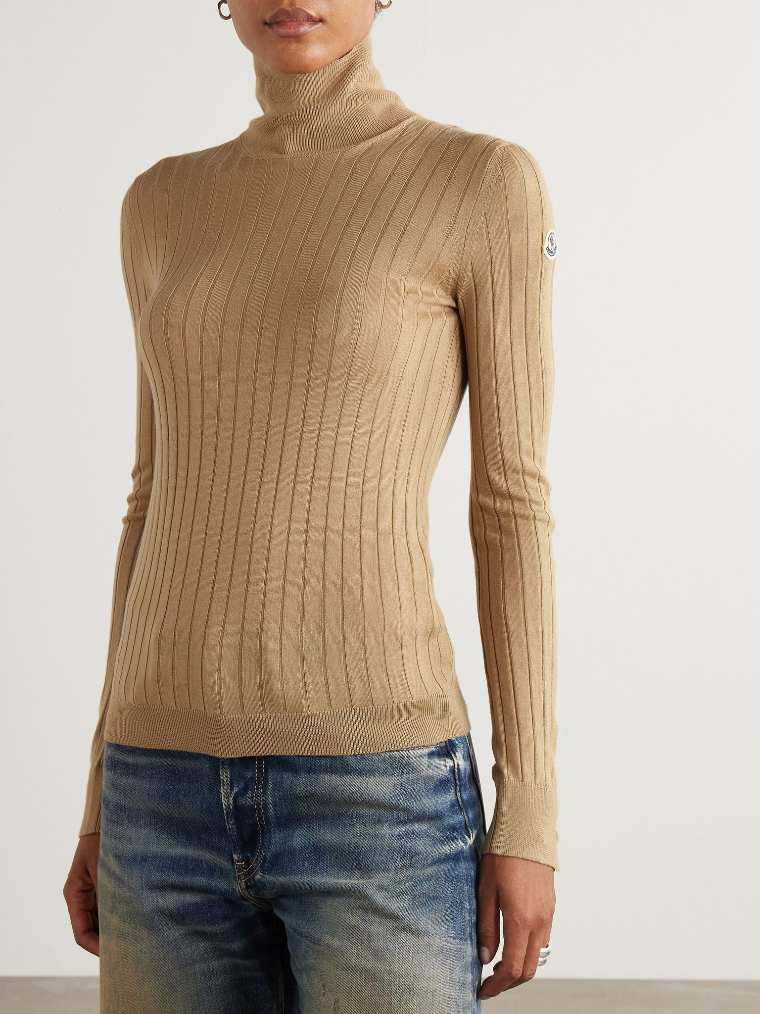 Button-detailed appliquéd ribbed wool and cashmere-blend turtleneck sweater Tan - 3