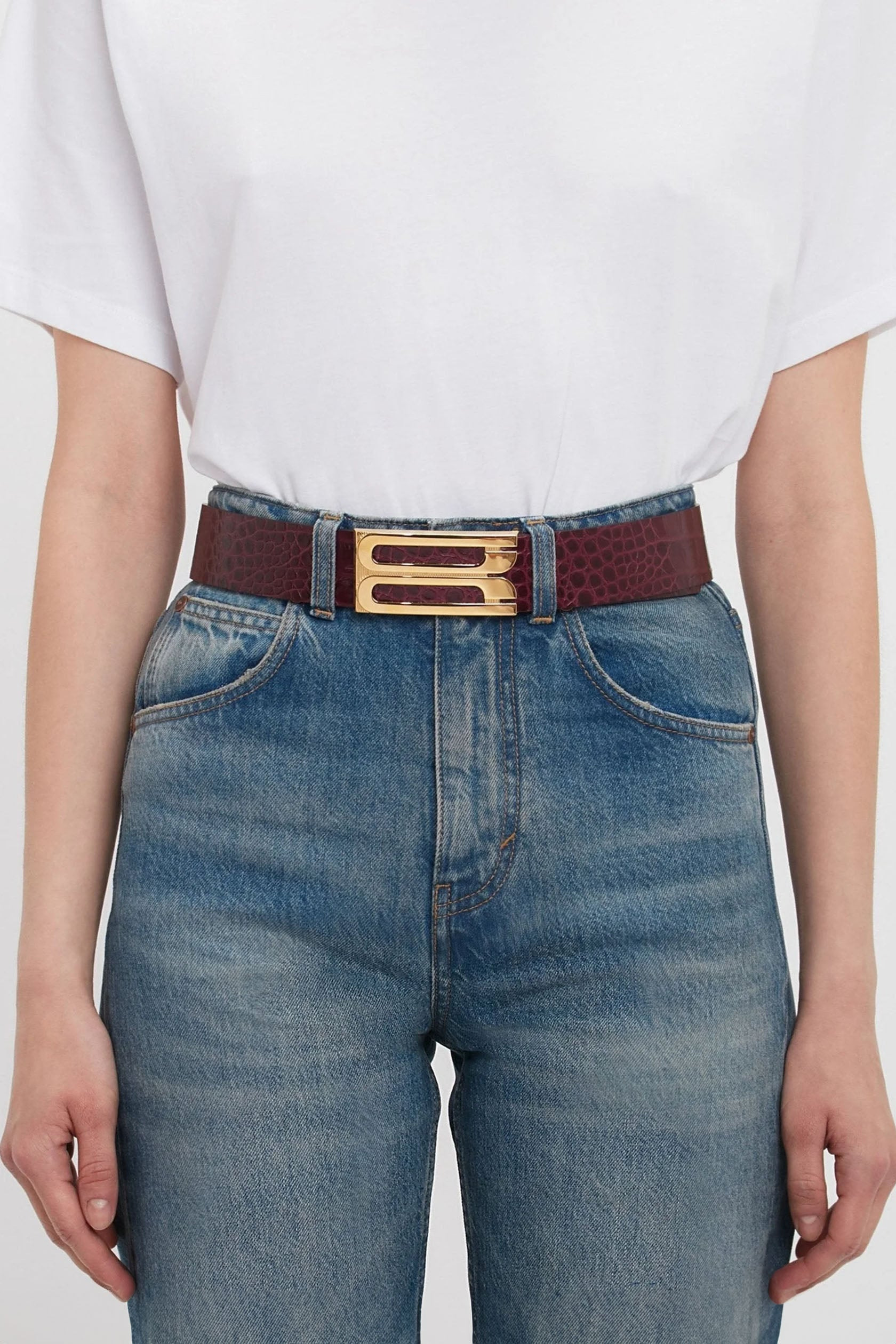 Jumbo Frame Belt In Burgundy Croc Embossed Calf Leather - 2