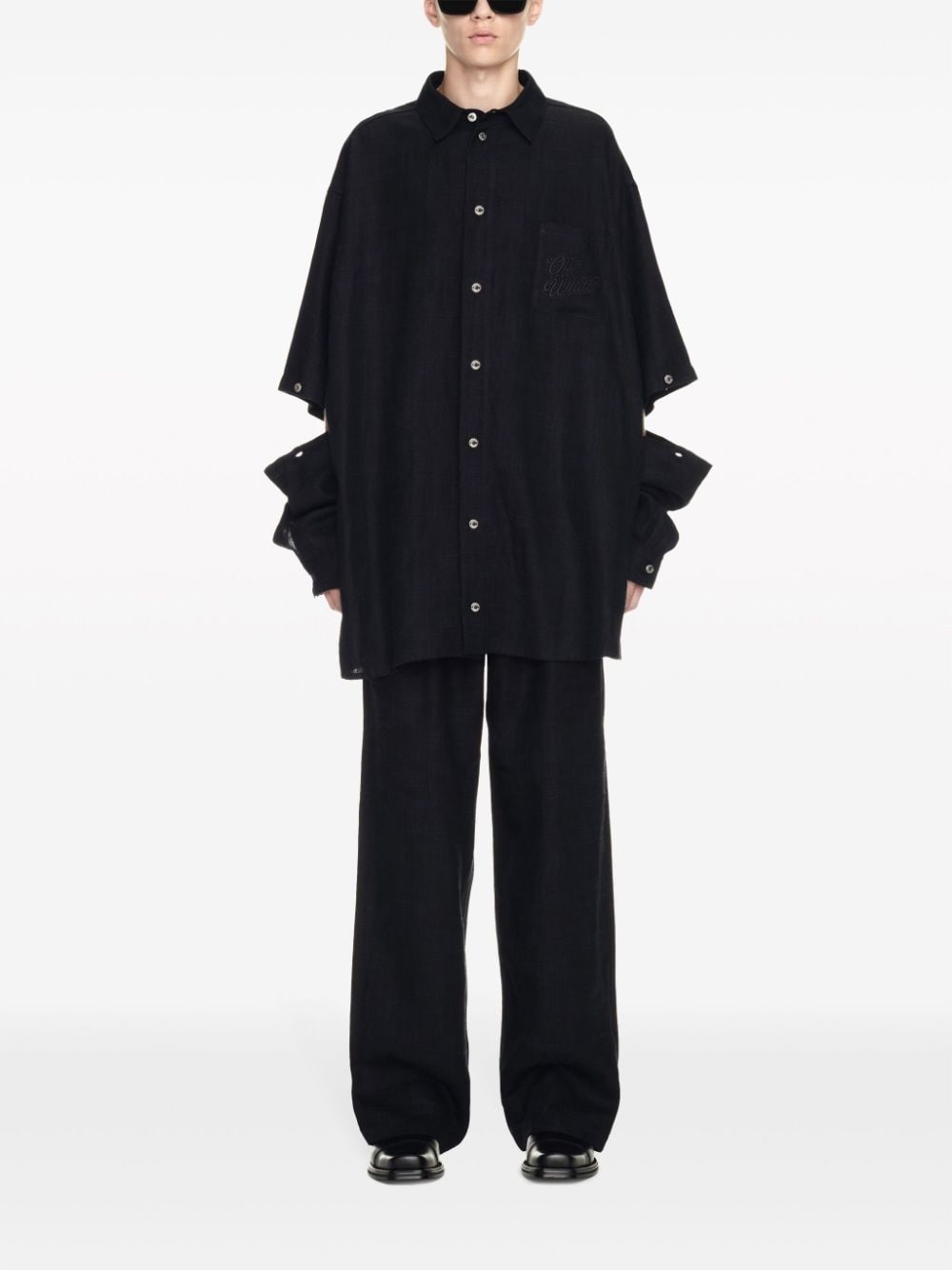 logo-embroidered panelled linen shirt jacket - 2