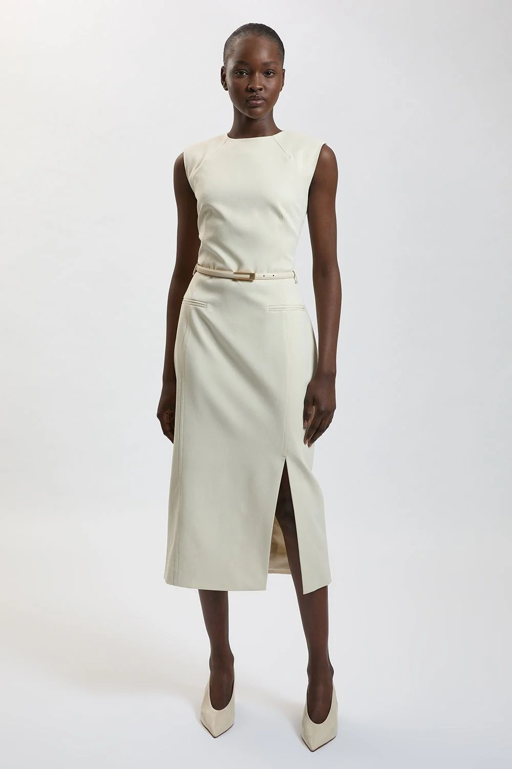 Tailored Belted Midi Skirt Pencil Dress - 1