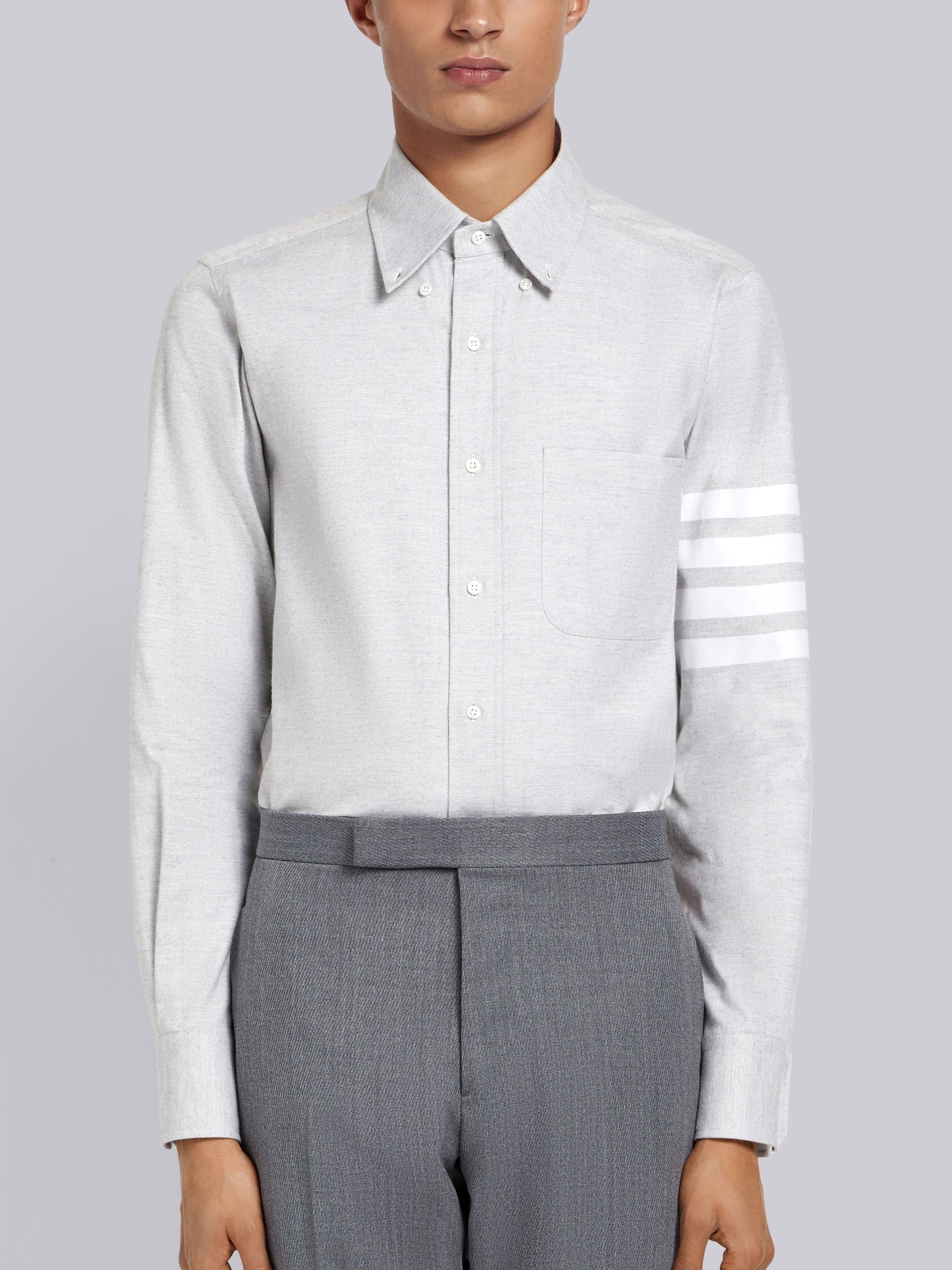 Light Grey Solid Flannel Shirting 4-bar Nametag Straight Fit Shirt - 1