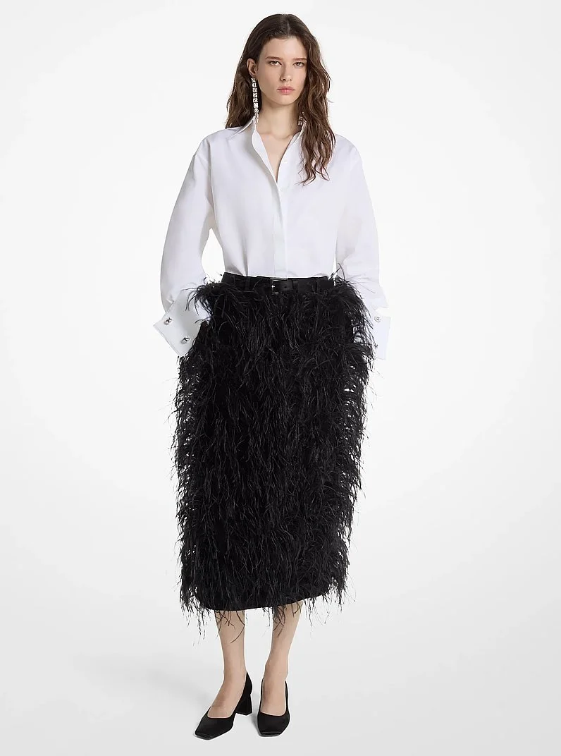 Hand-Embroidered Feather Wool Gabardine Trouser Skirt - 1
