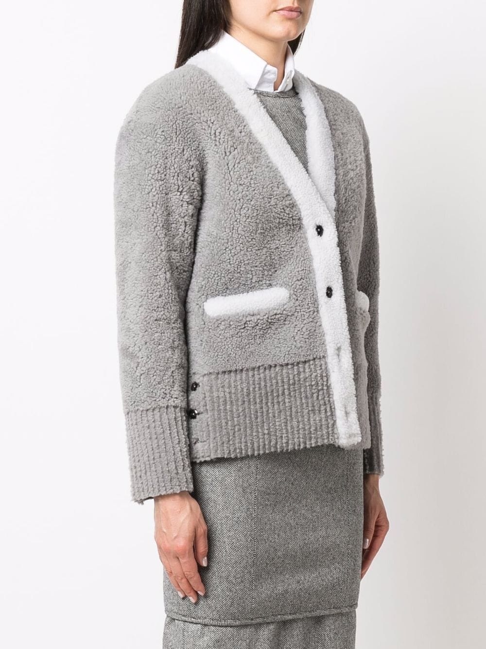 V-neck contrast-trim shearling cardigan jacket - 3