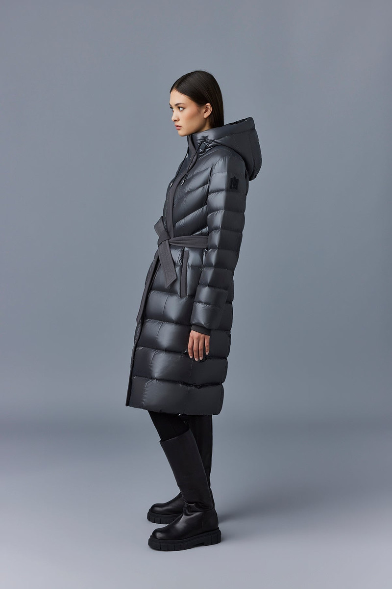CORALIA down coat with hood and sash belt 3