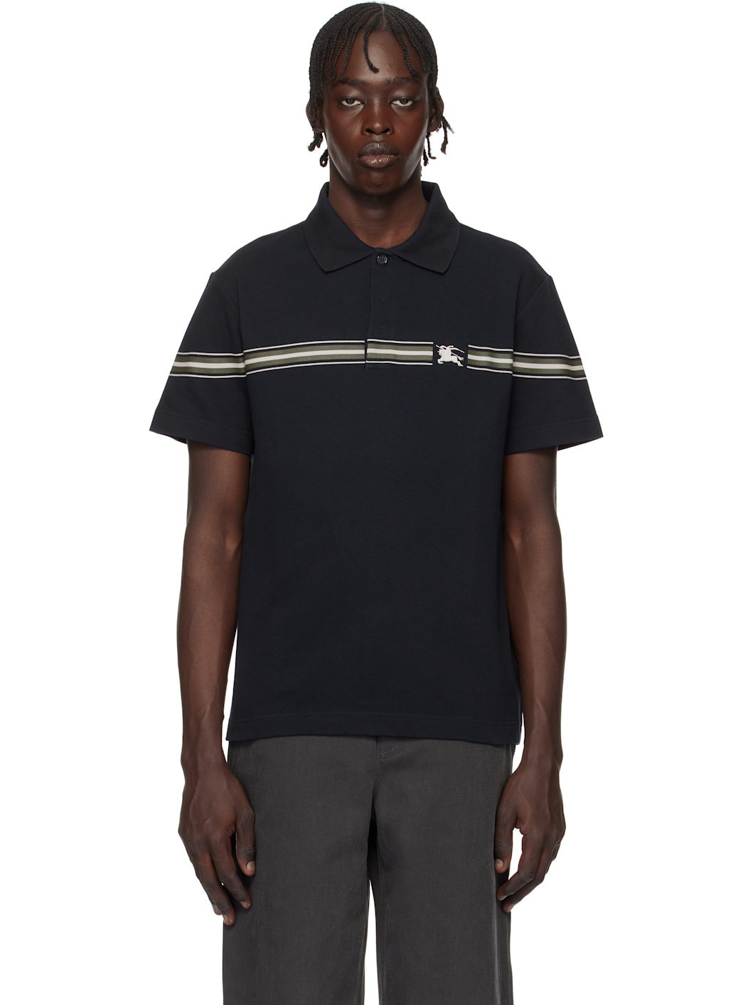 Navy Striped Cotton Polo - 1