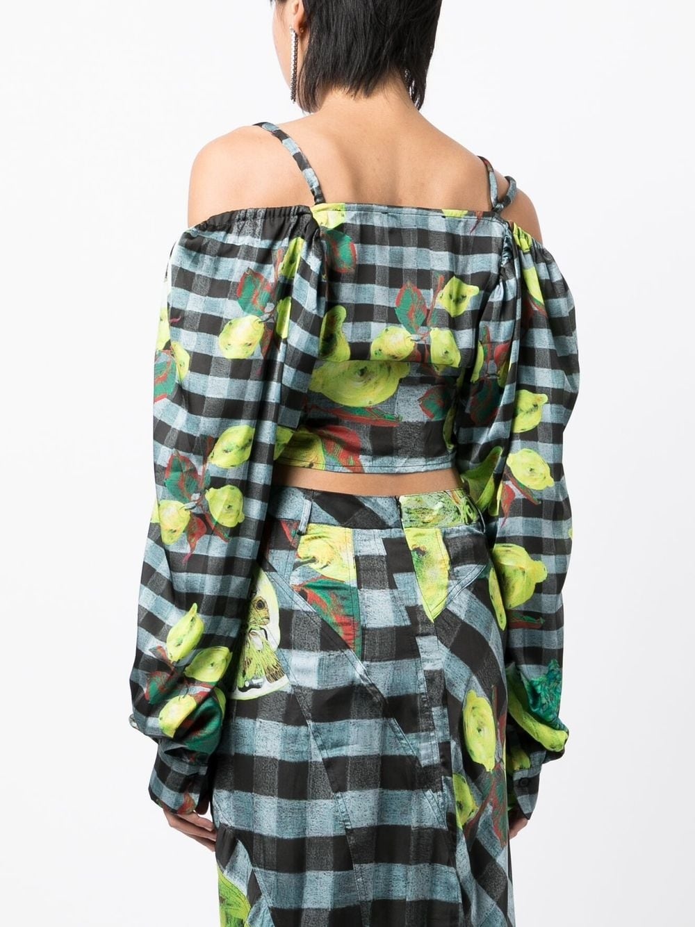 lemon-checked-print off-shoulder top - 4