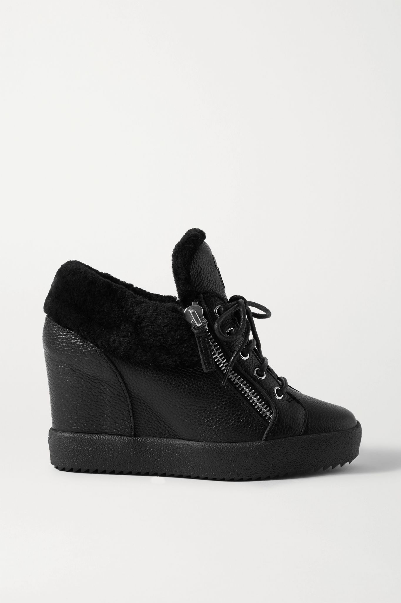 Shearling-trimmed textured-leather wedge ankle boots - 1