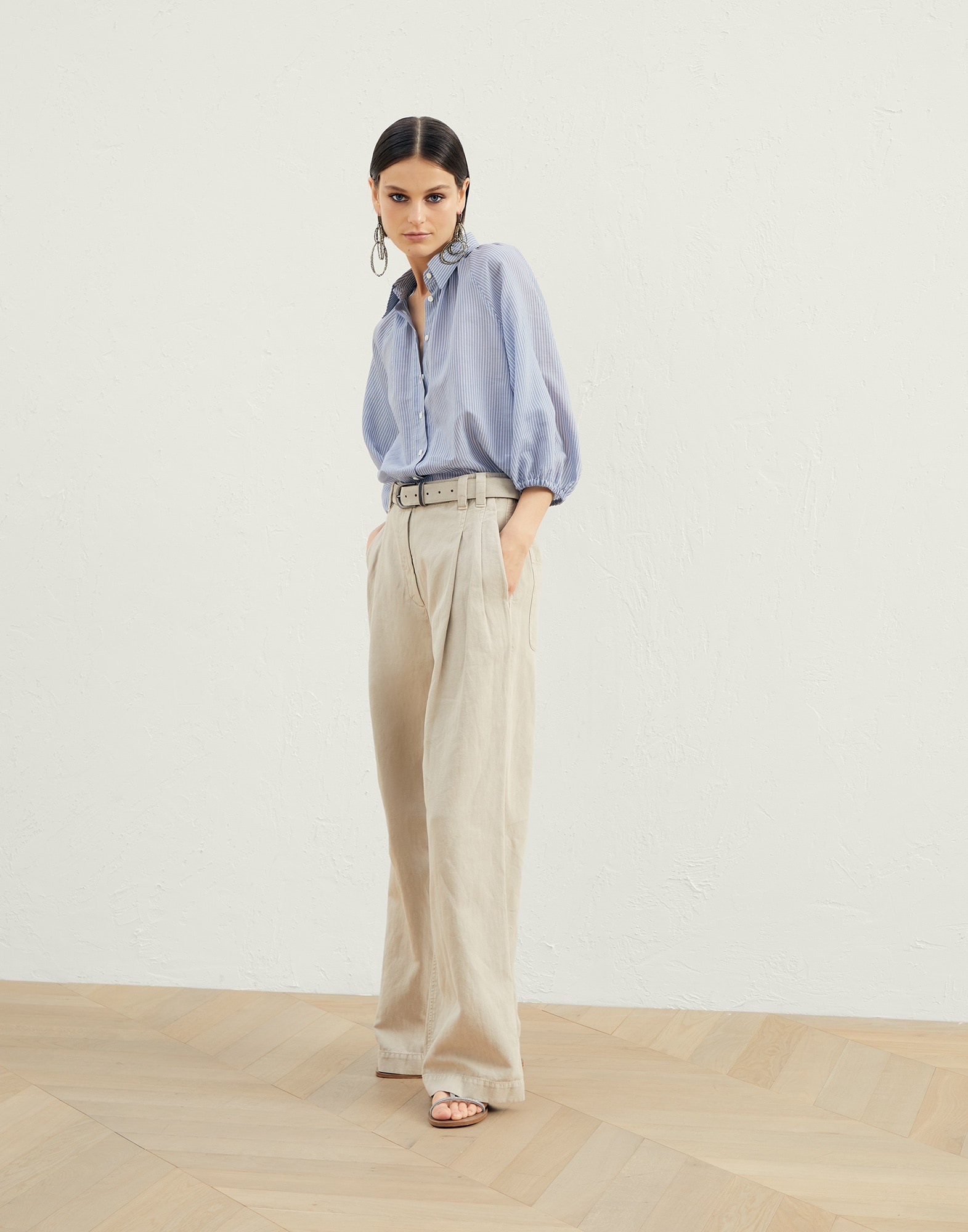 Cotton and silk shadow stripe organza shirt with monili - 5