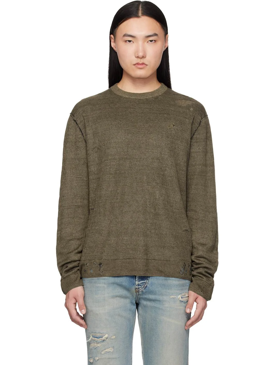 Khaki Destroyed Linen Sweater - 1
