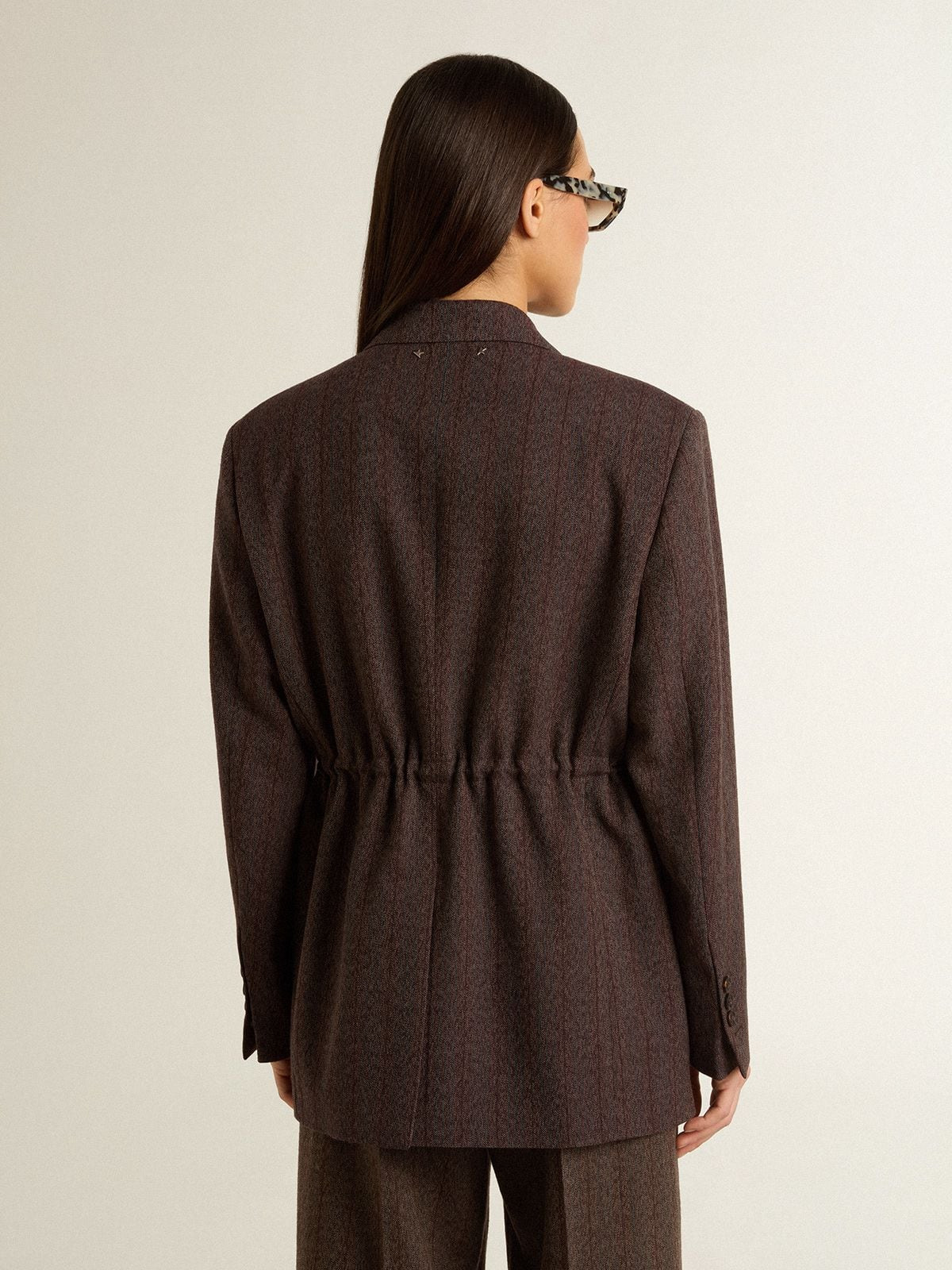 Women's double-breasted blazer in dark brown wool with thin stripe pattern - 4