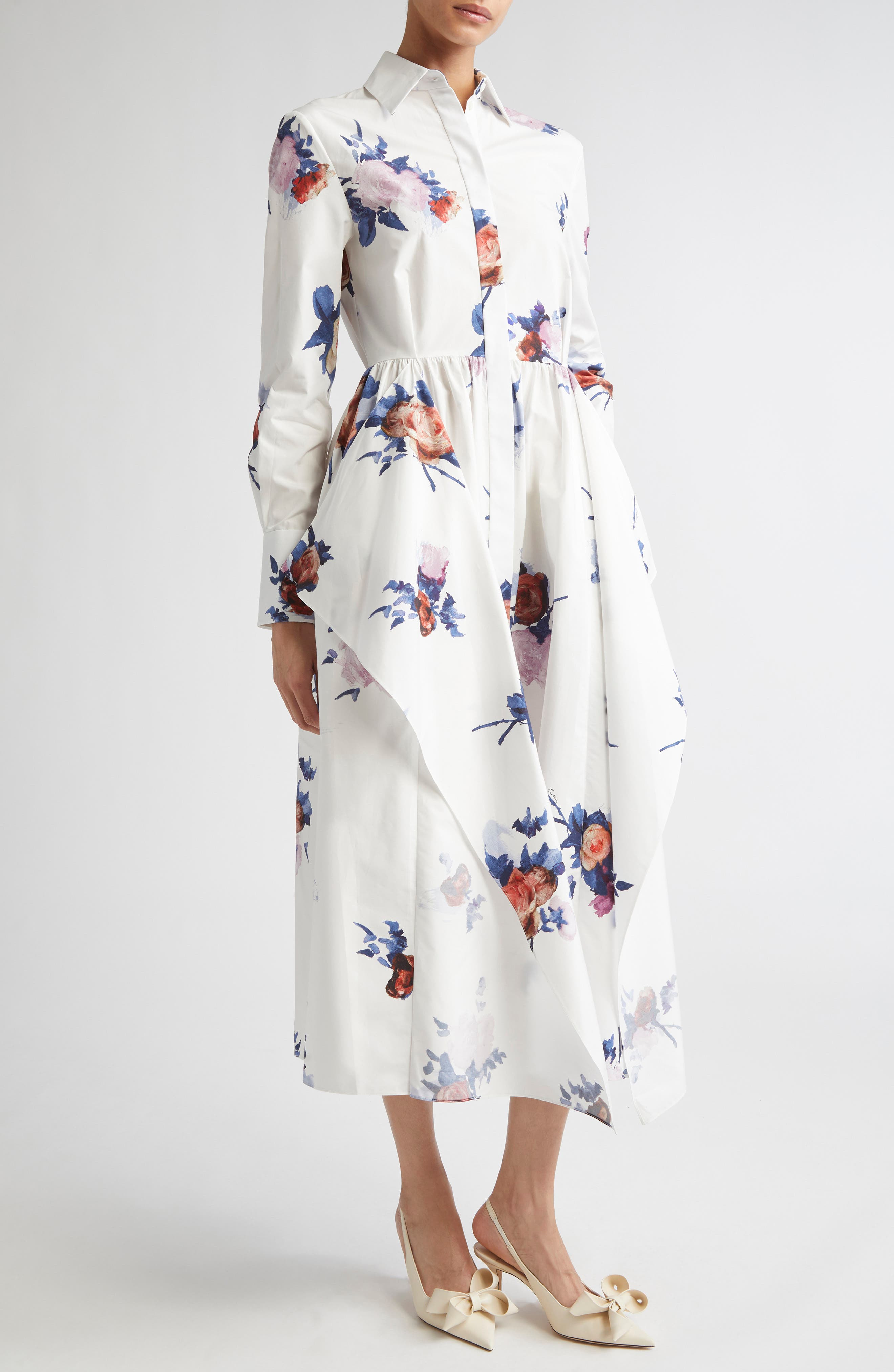 Erdem Long Sleeve Organic Cotton Poplin Shirtdress in Painted Rose Bouquet White at Nordstrom - 4