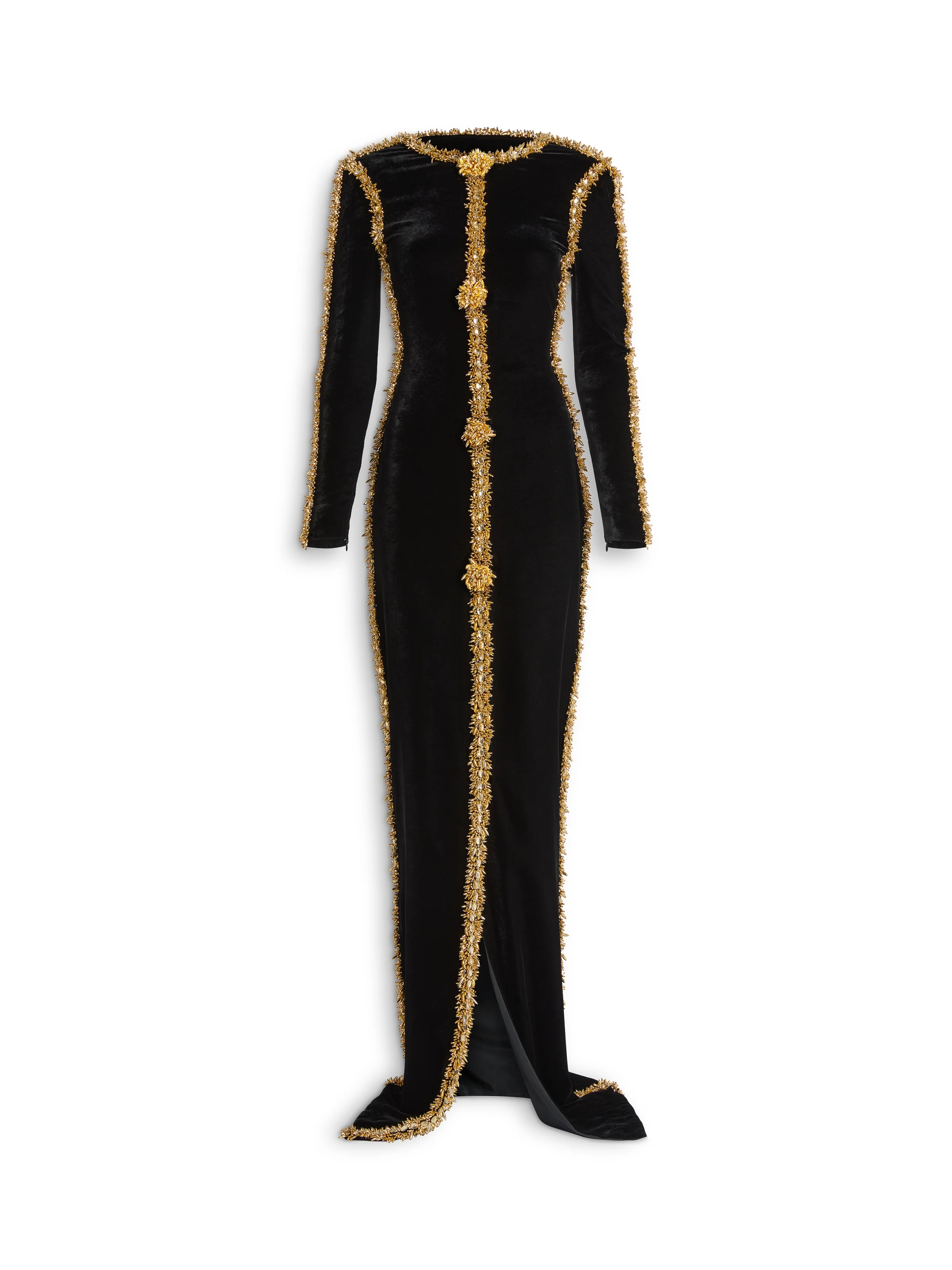 Long velvet dress with embroidered trim - 1