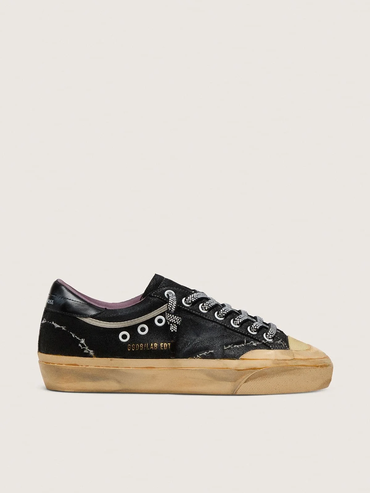 Women's Super-Star LAB in black laminated suede and nylon with raised star and laces with crystals - 1