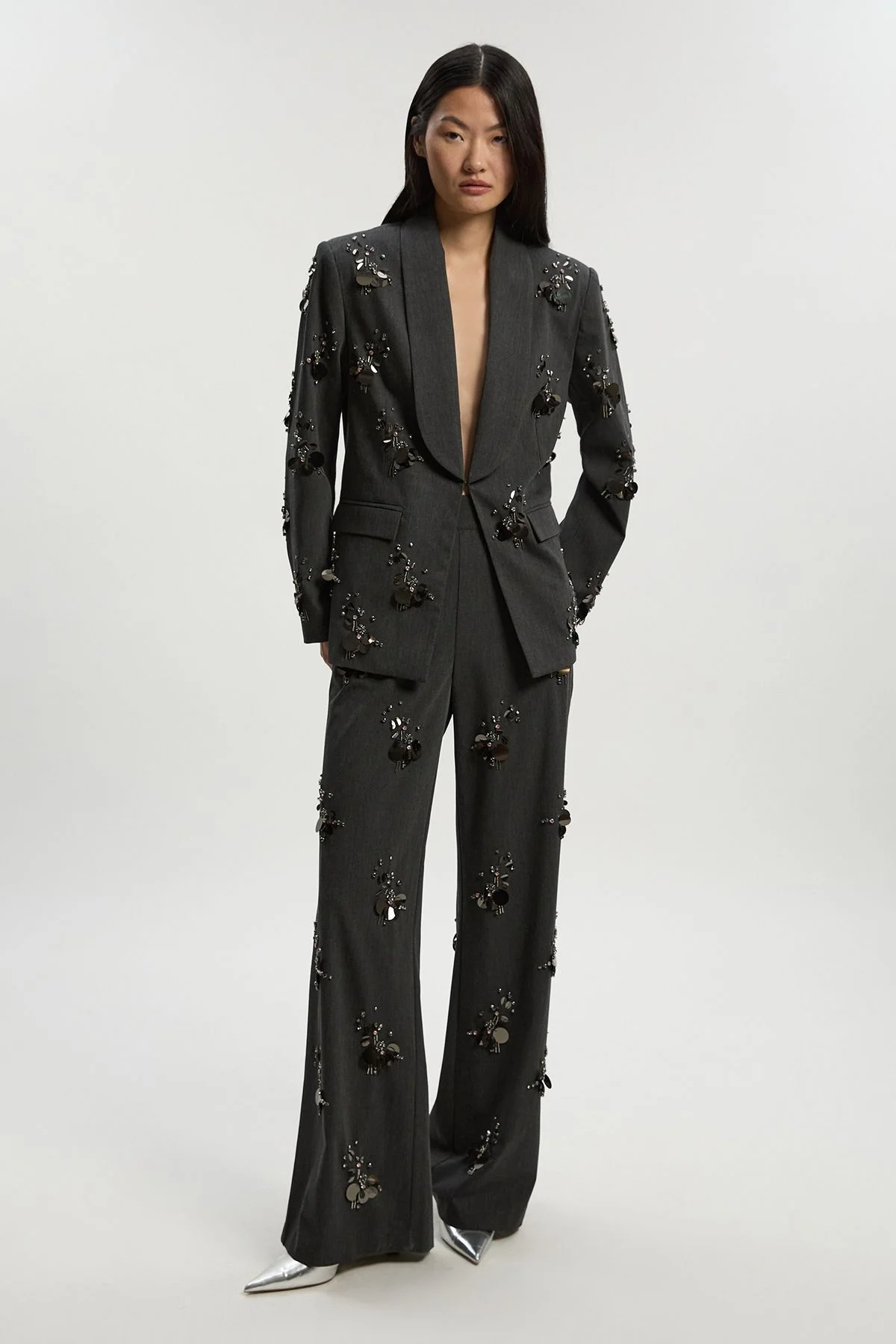 Cluster Sequin & Crystal Embellished Tailored Wide Leg Trouser - 1