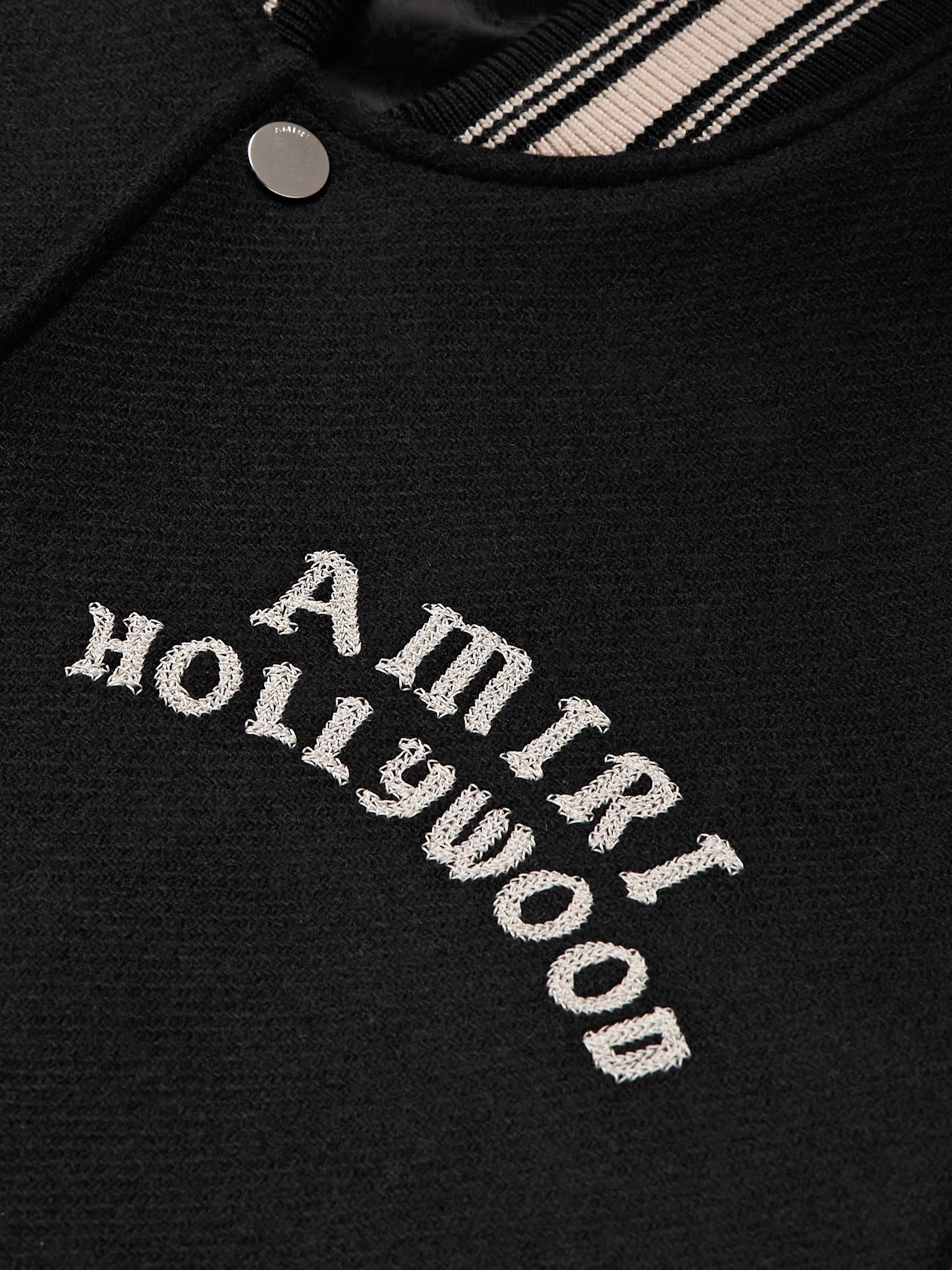 Hollywood Logo-Embroidered Leather and Wool-Blend Flannel Varsity Jacket Black - 4