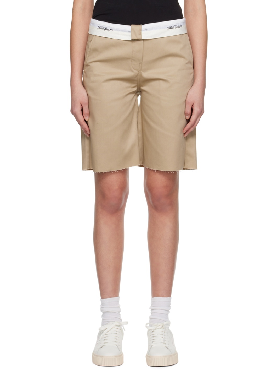 Beige Reverse Waistband Shorts - 1