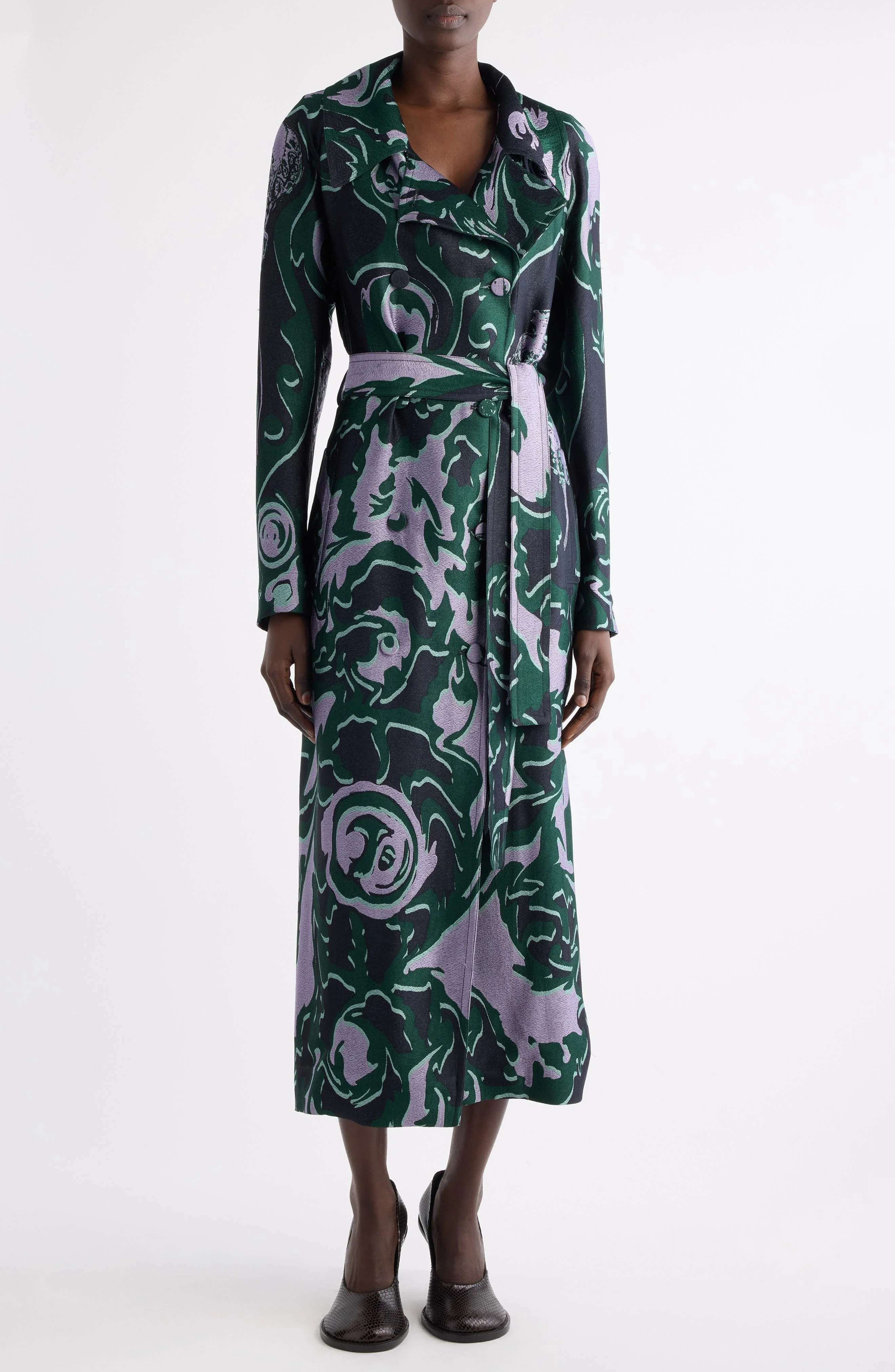 Dries Van Noten Rolanas Abstract Floral Jacquard Crepe Trench Coat in Dark Green at Nordstrom - 1