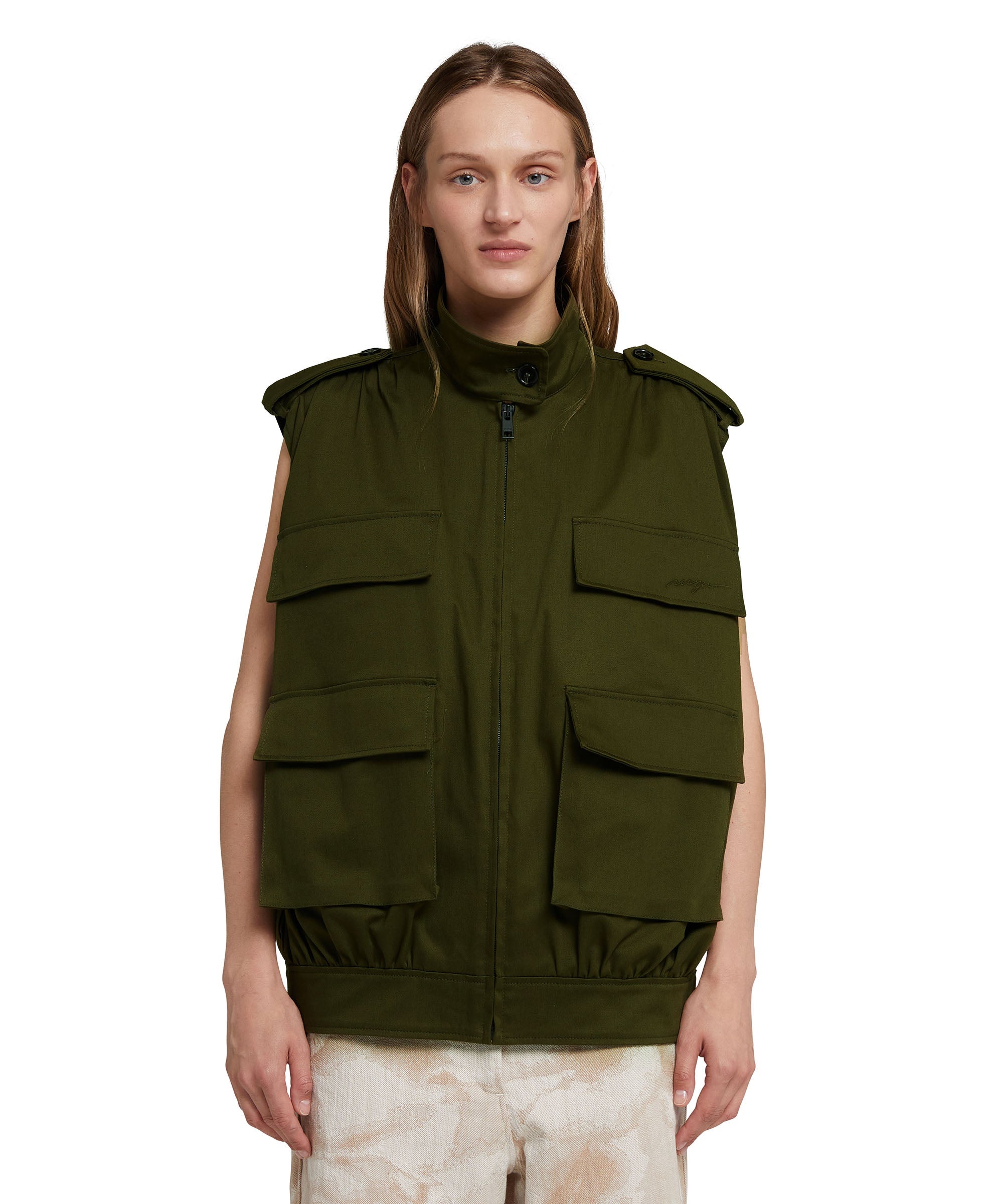 Gabardine cotton sleeveless jacket with big pockets - 2
