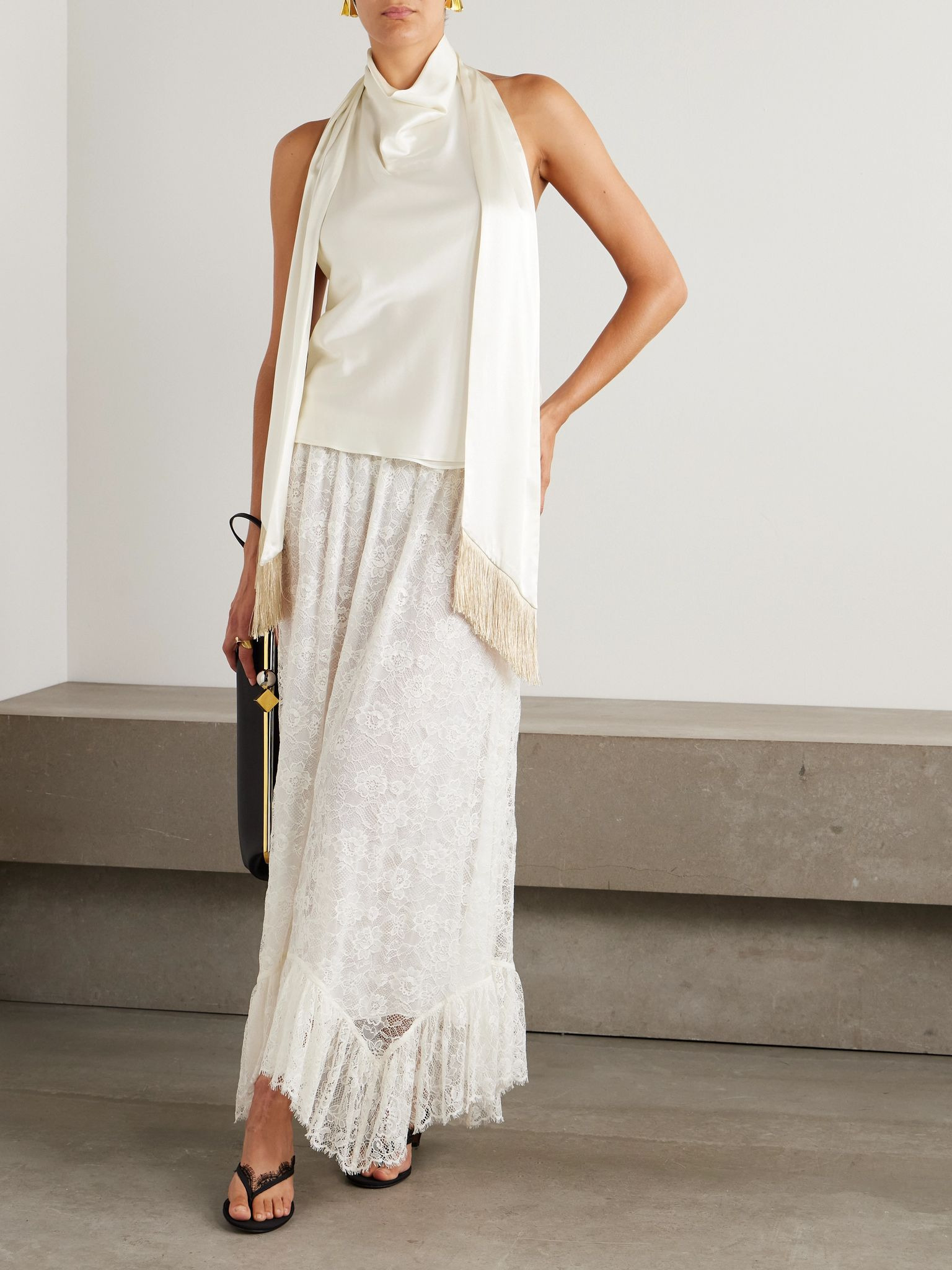 Fringed scarf-detailed draped satin halterneck top Cream - 2