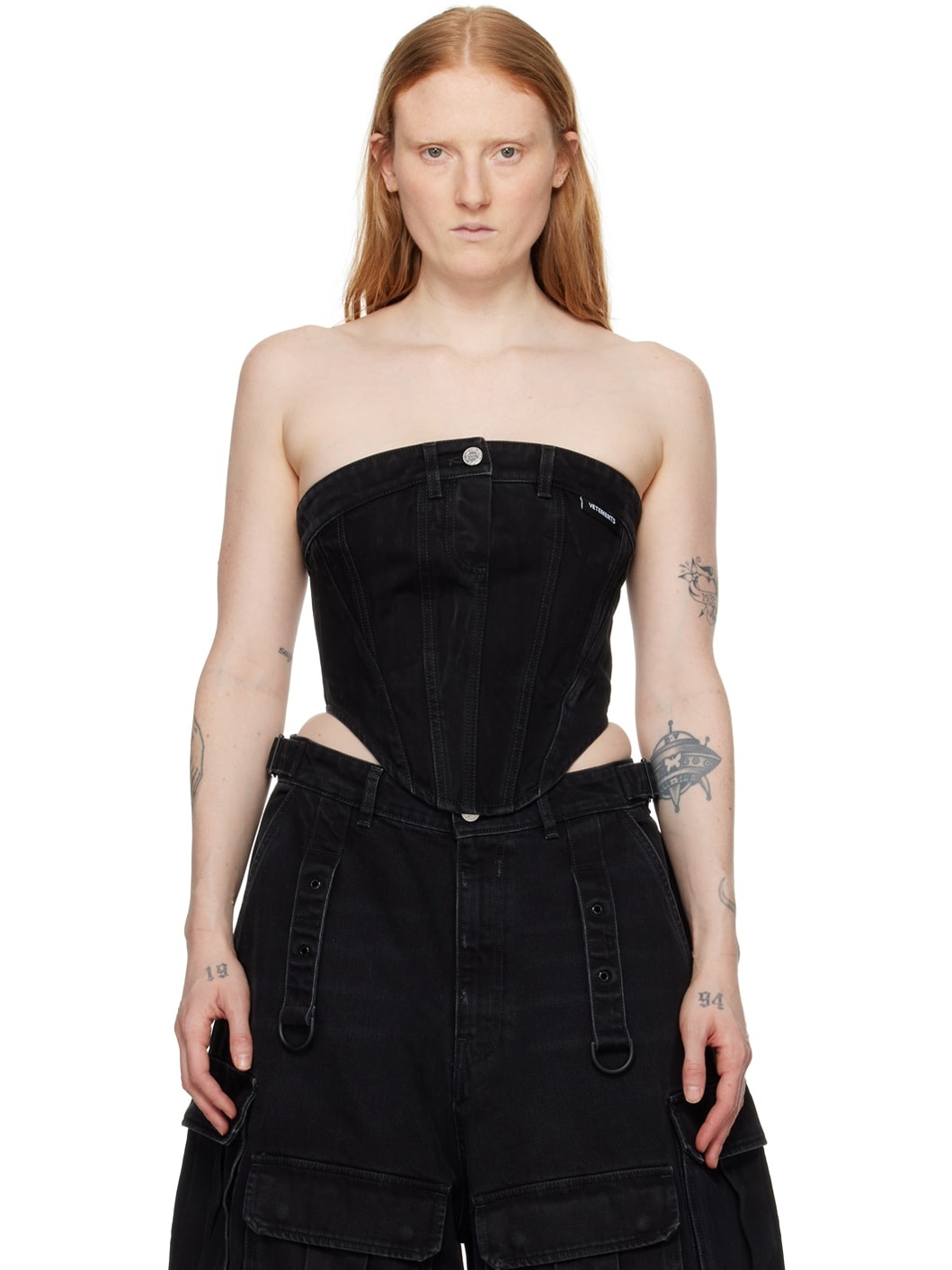 Black Paneled Denim Tank Top - 1