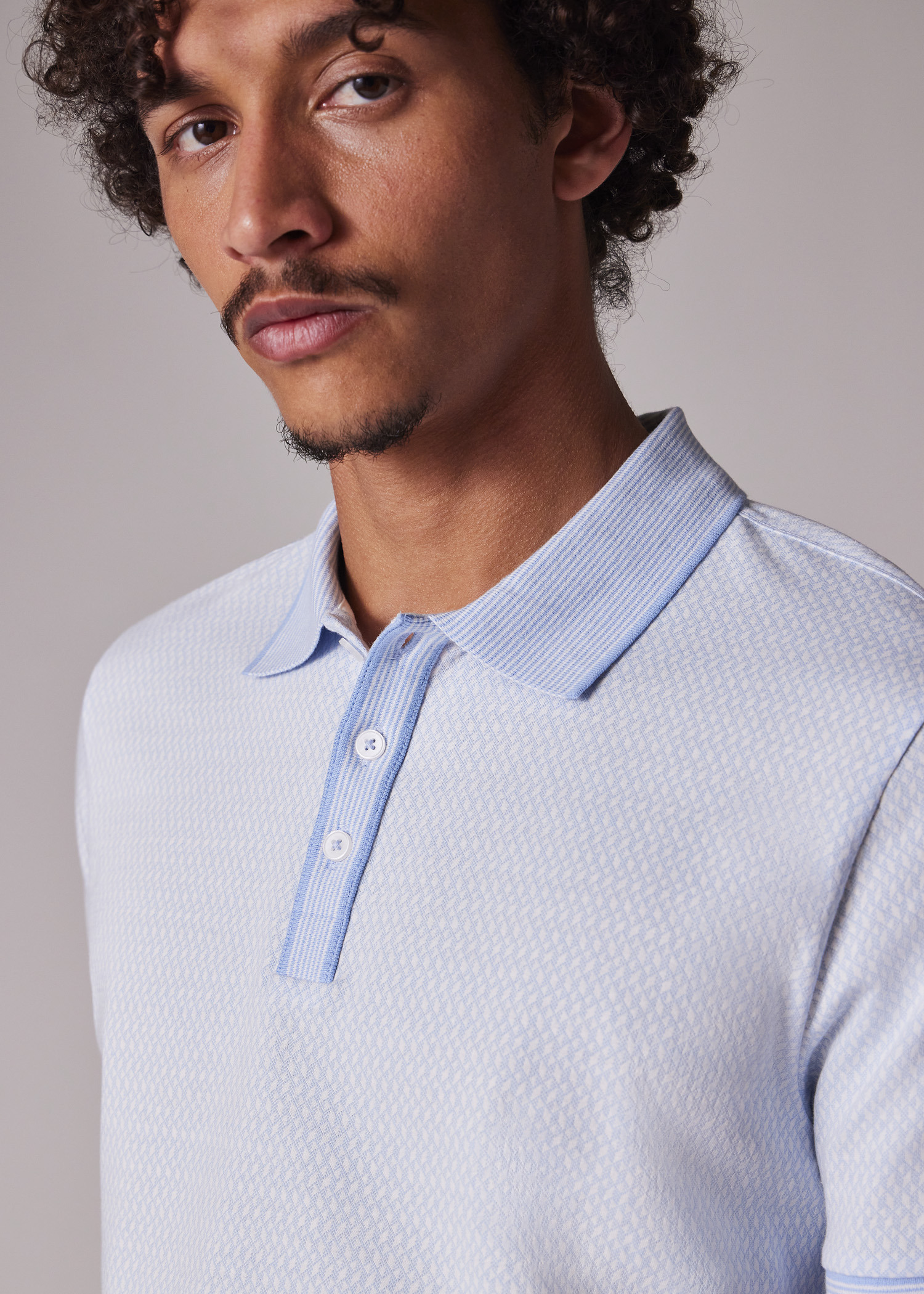 Light Blue Geo Mercerised Cotton Polo Shirt - 3