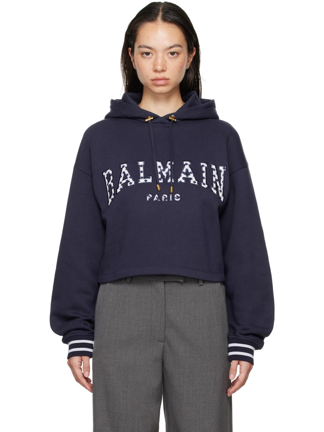 Navy Vichy Detail Cropped Hoodie - 1