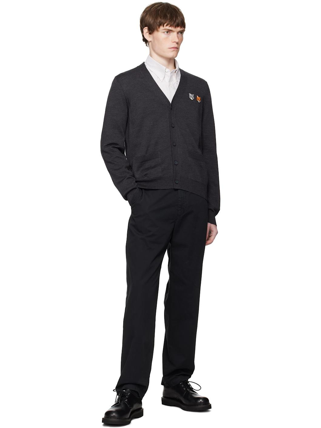 Gray Double Bold Fox Head Patch Regular Cardigan - 4