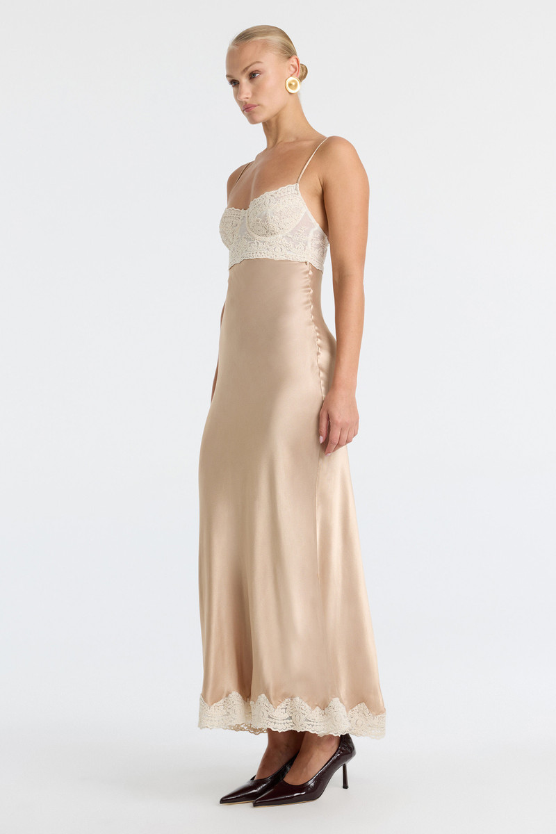 Tzariana Satin Lace Midi Dress In Golden 6