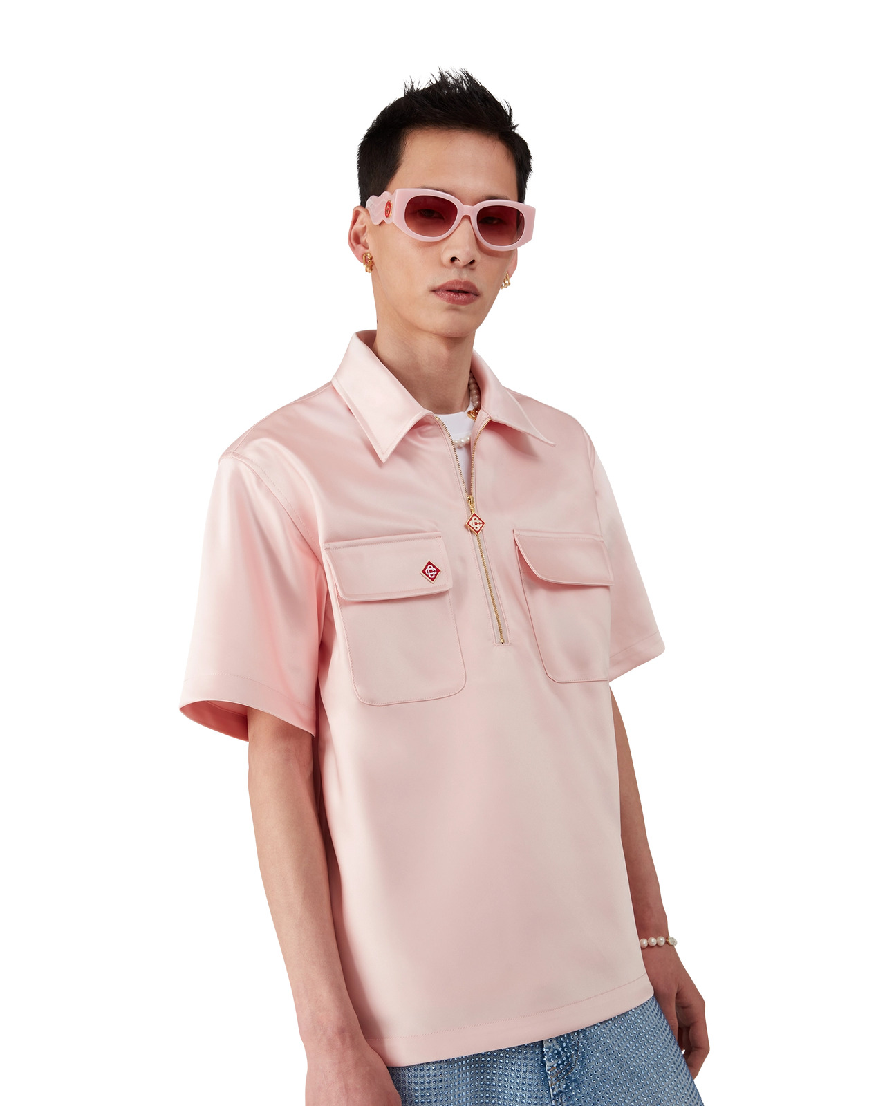 Satin Quarter Zip Short Sleeve Shirt | Casablanca Paris - 3