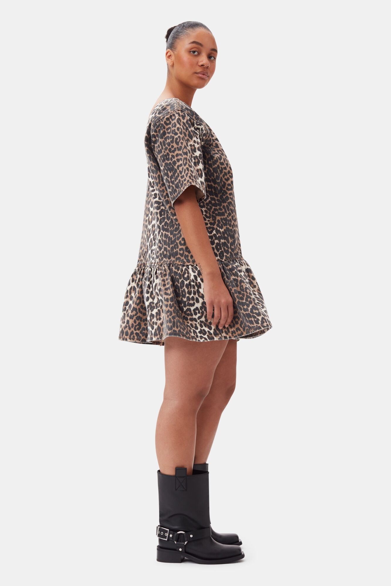 LEOPARD OPEN-BACK MINI DENIM DRESS - 8