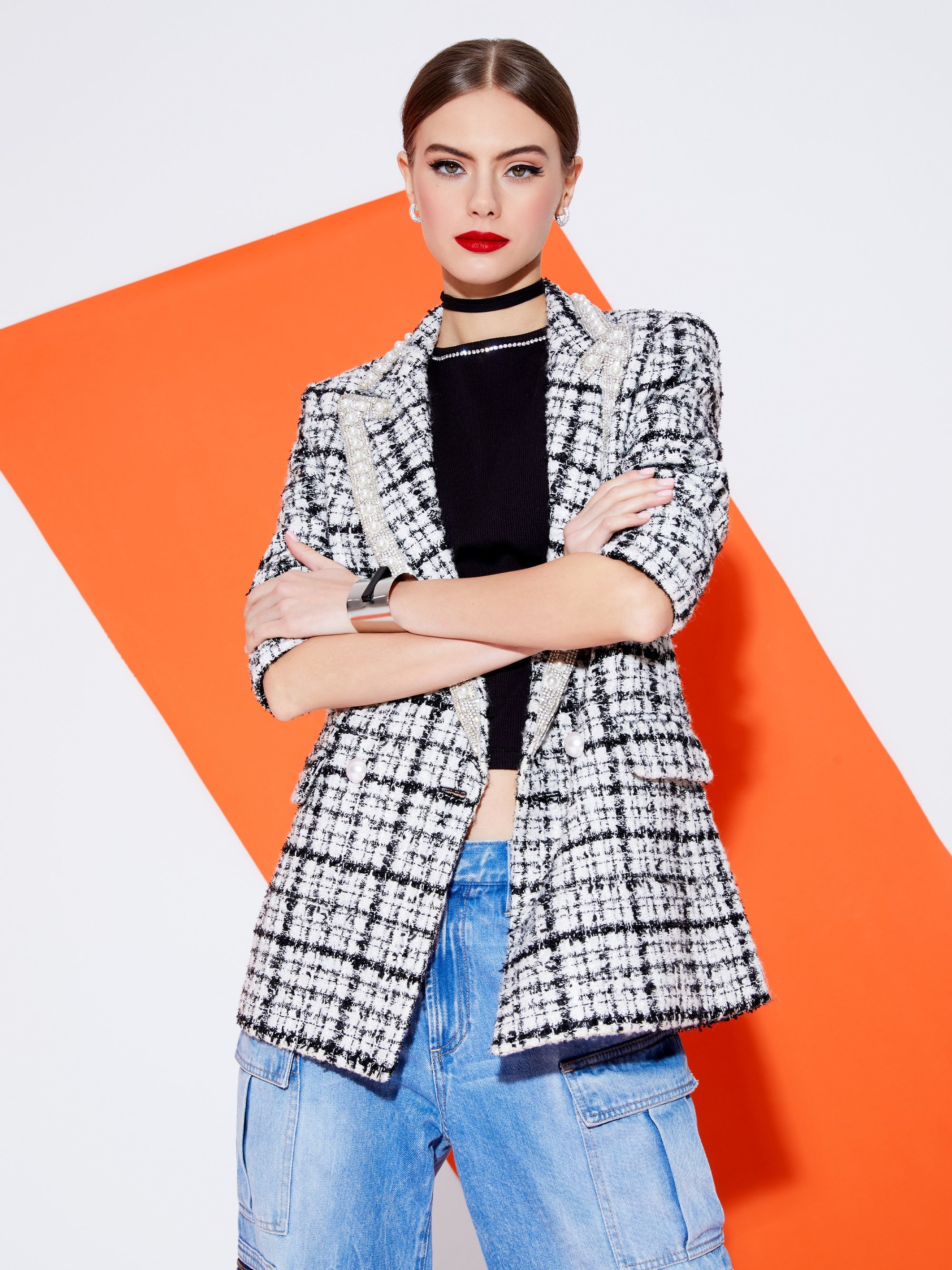 JUSTIN ROLLED CUFF EMBELLISHED DOUBLE BREASTED BLAZER - 7