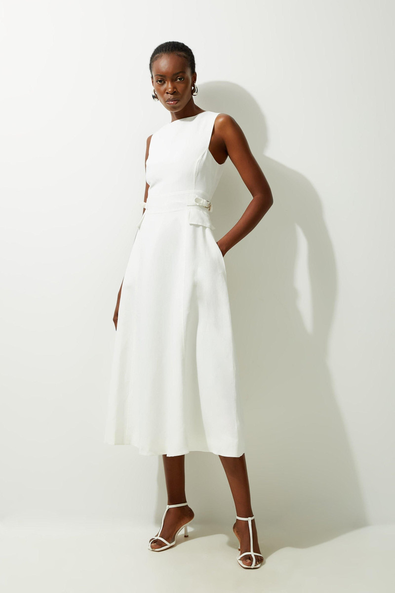 Premium Linen Tab Waist Detail Full Skirt Tailored Midi Dress 1